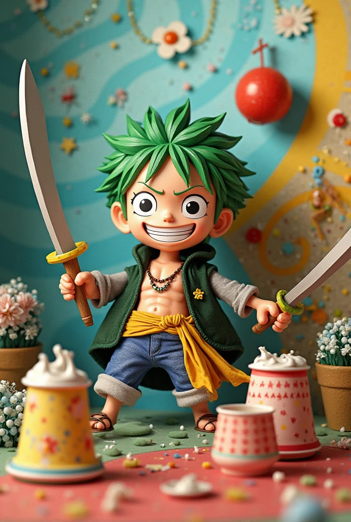 Real life adaption of this character , The handsome face of a little boy, realistic same green hair , (realistic same outfit), holding katana Made from Wood,realistic background , realistic light, realistic shadow, realism, hyper realistic,(photorealistic:1.2), normal small eyes,