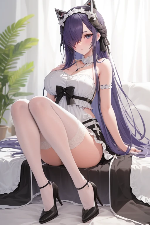 In 8K、highest quality、room with window、with a girl、Dark purple hair、twin tails、big pink ribbon、delicate face、smile、red eyes、blushing face、Pink blouse with plenty of frills、black mini skirt with lace、beautiful feet、striped lace tights、black platform pumps、seductive thighs、big breasts:1.8、big ass:5.5、big breasts、 thin waist、beautiful waist、shiny skin、Pink string panties、look down from below、seductive thighs、