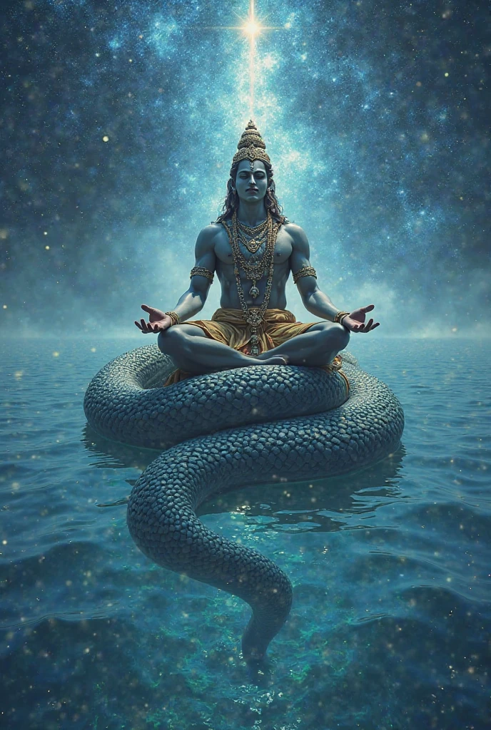 Lord Krishna on Big Snake in blue sea 