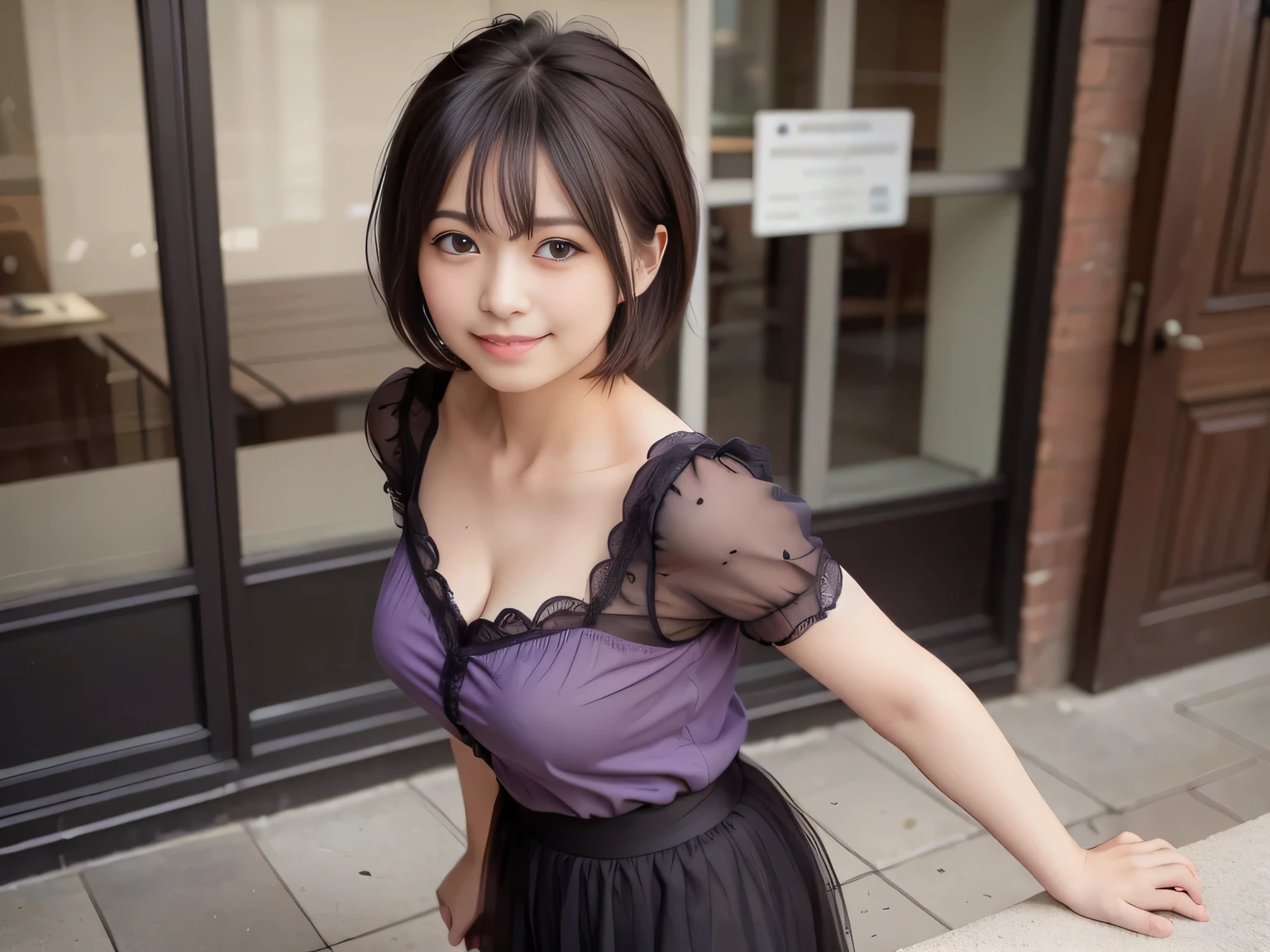 ulzzang-6500-v1.1, (RAW Photos:1.2), (Photorealistic), (Genuine:1.4), (Pieces fly), Elegant woman with a perfect figure: 1.3, Jet Black Hair、((Straight bob cut with neatly trimmed ends,short hair、bangs))、(She is wearing a deep purple furisode with an elegant pattern..)、Holding a closed fan、Majestic Hall々, (A look full of murderous intent:1.2)、 Highly detailed face and skin, Fine Eyes, double eyelid, (Full Body Shot:1.3)、Wearing short boots、