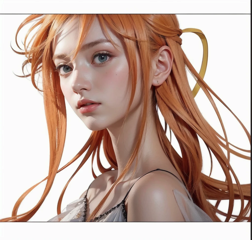 Close-up of woman with long hair, fluttering in the wind, orange flowing hair, gorgeous digital painting, gorgeous digital art, beautiful gorgeous digital art, orange glowing hair, glowing flowing hair, beautiful digital painting, glossy digital painting, beautiful digital artwork, flowing glowing hair, beautiful digital art, very beautiful digital art, stunning digital painting, beautiful digital illustration