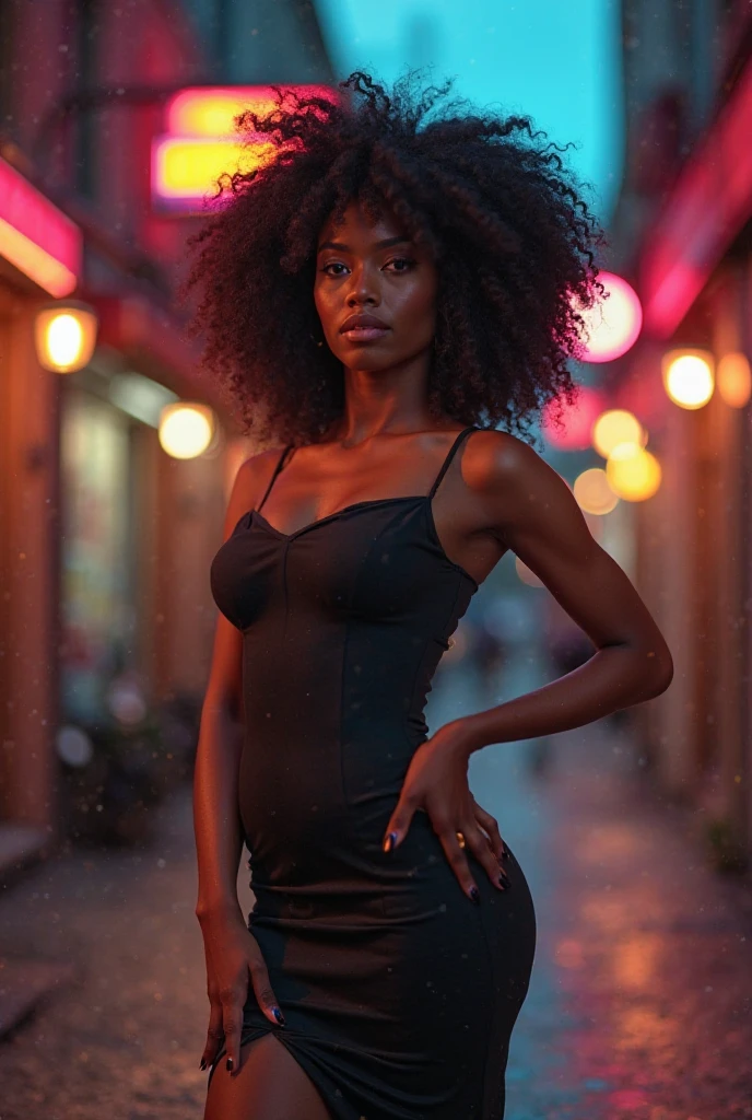 ((ONE GIRL)). best quality, ultra-detailed, hyper realistic, 8k, full body shot, 23 years old, Nigerian beautiful girl, round shaped face, dark black skin, highly detailed skin with blemishes, ebony, dark natural afro hair, fit athletic figure, full body, big natural E cup breasts, big butt, wide hips, under the rain, wearing a shirt, long skirt, cleavage, smiling, in the crowded city streets at night, city lights as background
Waiting to start