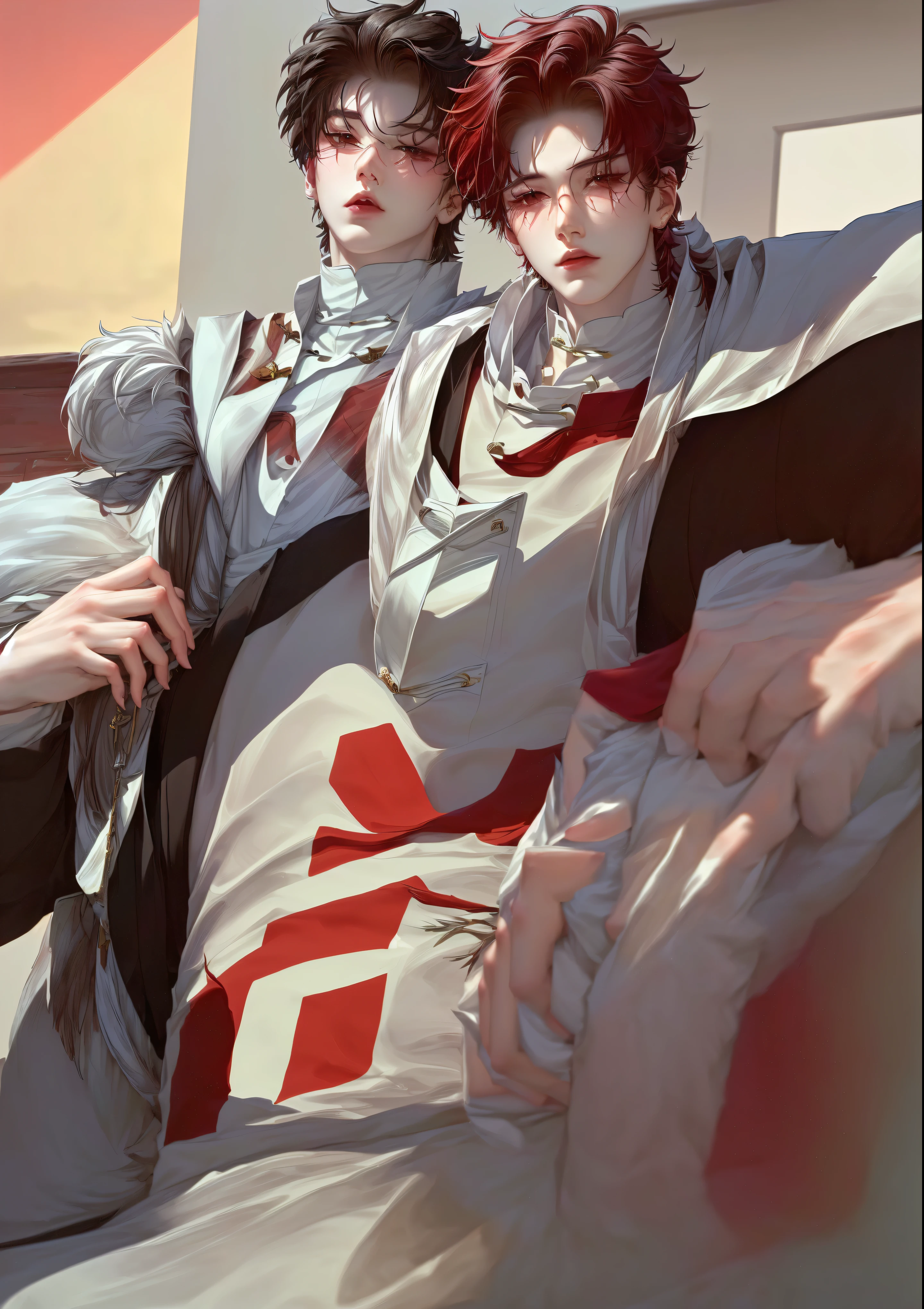 anime boy in a black and white outfit with a red hair, inspired by Bian Shoumin, cai xukun, ( ( god king of ai art ) ), guweiz, white haired deity, inspired by Huang Gongwang, inspired by Xiao Yuncong, heise jinyao, inspired by Song Maojin, by Shitao, inspired by Huang Shen