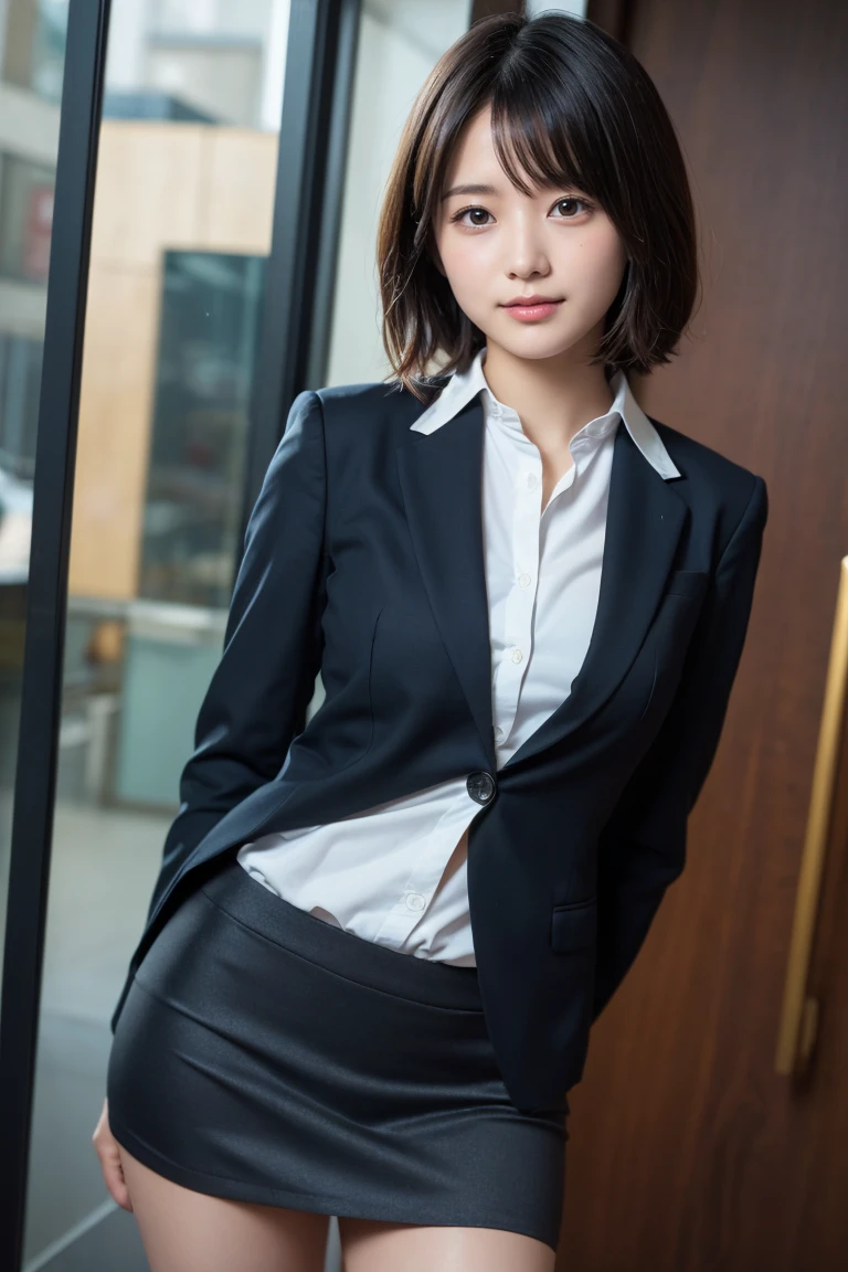 face is :9,1270442595], Classy upper class elite woman in business suit, ((Lying on your back on the bed with your eyes closed))、(Short Layer Hair), Wearing a strict business suit, (Wearing pantyhose)、Wear high-end high heels、(Short Layer Hair), Girl in a suit, Wearing a business suit, Wearing a business suit, in a business suit, businesswoman, business clothes, wearing black business suit, wearing jacket and skirt, Woman in business suit, Business attire, business outfit, luxurious suit、raw,(8K、top-quality、​masterpiece:1.2)、(intricate detailes:1.4)、(Photorealsitic:1.4)、octane renderings、Complex 3D rendering ultra detail, Studio Soft Light, Rim Lights, vibrant detail, super detailing, realistic skin textures, Detail Face, Beautiful detail eyes, Very detailed CG Unity 16k wallpaper, make - up, (detailedbackground:1.2), Exposed thighs!!!,