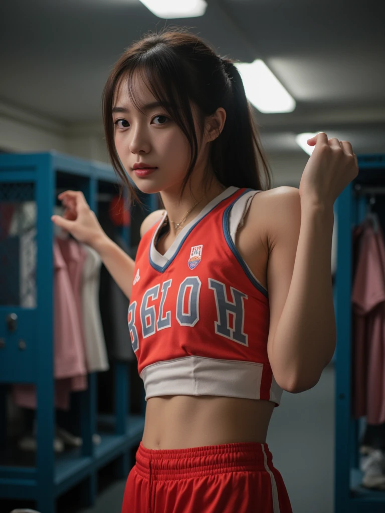 Highly detailed CG Unity 8K wallpaper, highest quality, Super detailed, masterpiece, realistic, photo realistic, Highly detailed cute girl, 25 years old, (wearing a track and field uniform), blush , belly button, half body shot , locker room , butt shot, short hair