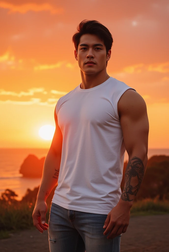 A young, muscular Asian man with short dark hair wearing a white tank top, standing in front of a tropical beach scene with palm trees and a sunset