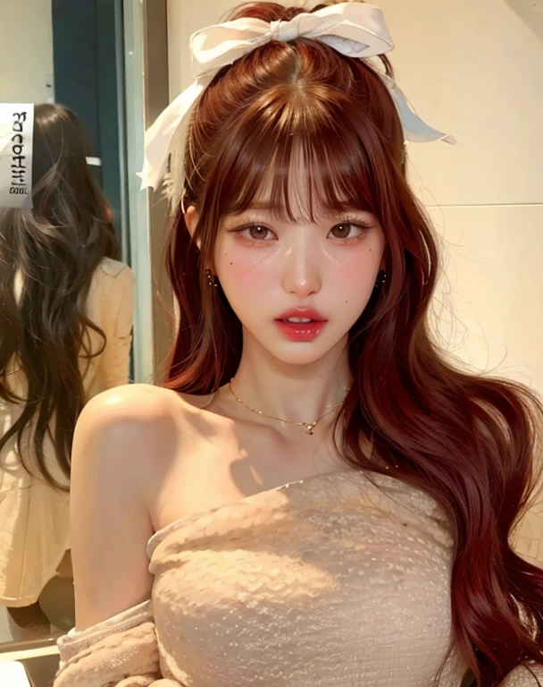 best quality, tmasterpiece,Ultra-high resolution,Clear face,(Reality:1.4),ferpect lighting,(upper body photo:1.3), (photorealistic:1.50), anime wallpaper, Guviz style artwork, cover-up fantasy up to magic , by Yang J, Guviz, beautiful artwork illustration, beautiful digital artwork, beautiful digital illustration, Li Song, beautiful anime portrait, art style in Beauvot,1girl, 独奏, long hair, pink hair, (long hair), (hair ribon:1.3), Mask on hair, hair ornament, yellow eyes, white Tenk top, black Short pencil skirt, (standing:1.5),