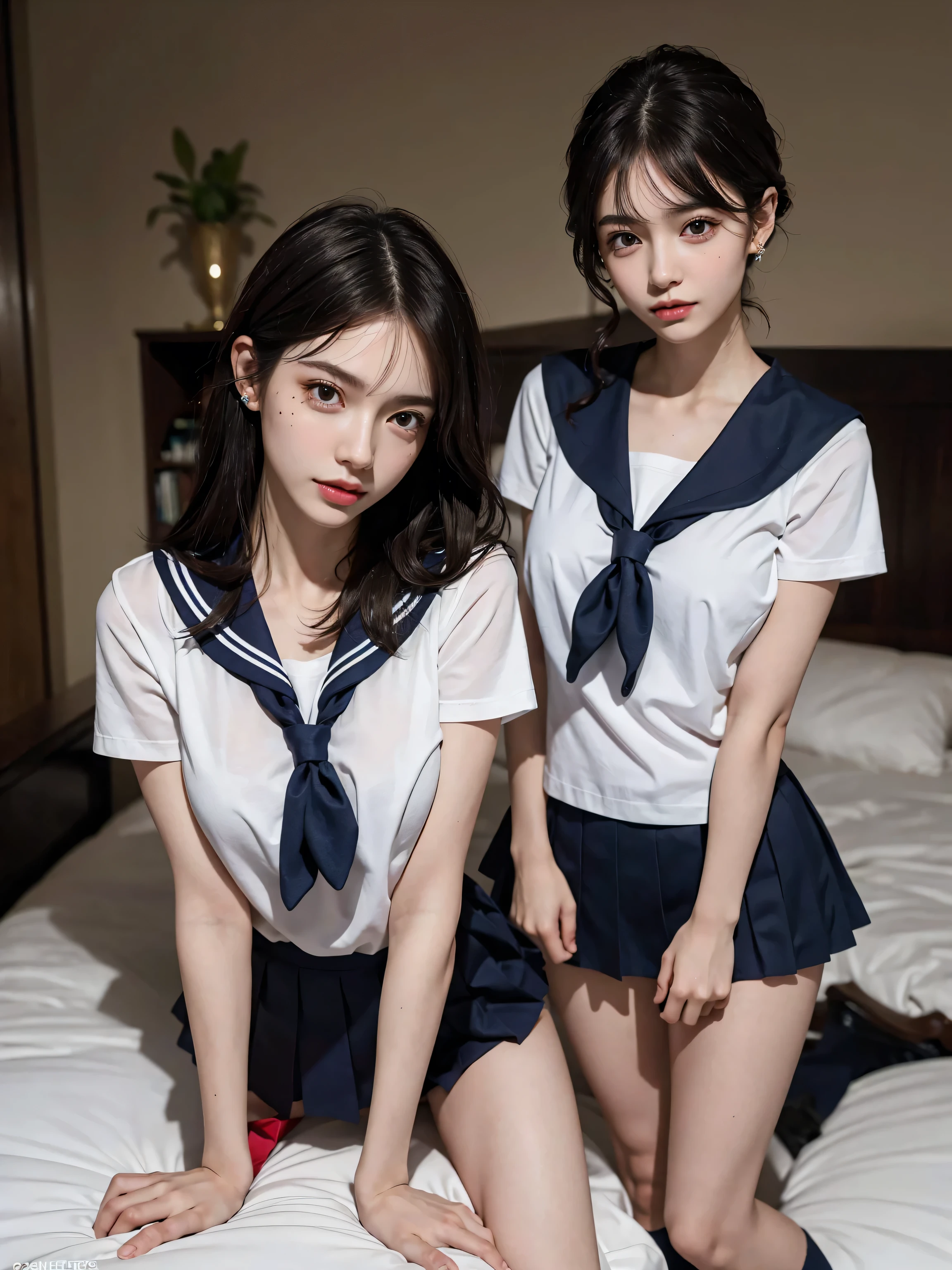 1:1、((Mizuki Yamashita 1.10))、toilet seat、(RIDE GOOD)、Touching the chest、(Lesbian)、(Panty shot)、((high-Ponytail))、(Twin tails)、((See-through clothing))、(See-through skirt)、(See-through jacket)、((Clothes are see-through and underwear is visible))、(Sit with your knees up)、White panties、Leg spread、((Touching the chest))、((toilet))、((On all fours))、((Girl sitting))、excretion、Dirt、dirty、Soaking wet、White turbid liquid、absurdres, RAW photo, extremely delicate and beautiful, masterpiece, Best Quality, ultra high resolution, 16K, hyperrealistic, ultra-detailed, Very detailed CG 8k wallpaper, Beautiful Lighting, Perfect Lightning, Realistic Shadows, perfect anatomy, super Detailed skin, perfect figure, Japanese woman, late 20s, very Slim body, narrow waist, very small head, handsome detailed woman, very detailed eyes and face, realistic face proportions, Stunning detailed eyes, Realistic beautiful face, very small face, Realistic small beautiful eyes, double eyelids, makeup, tearful mole, mole on chest, earring, Bare legs, beautiful and very thin legs, beautiful and very thin thighs, (very huge round breasts:1.3), short hair, wavy hair, sweat, full body shot, (3 girls:1.5), (sailor suit:1.3),Brown Hair、((バックハグ))、((舐め合う))、