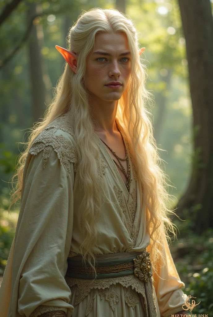 A handsome male elf with long blonde hair and pale skin, sharp eyes, glossy lips, judgemental eyebrows, wearing a white loose elven shirt with gold embroidery. Green leaf crown. Gold embroidery. Focus on his penis, Action lines, motion, jerking himself off, closed eyes heavy blush, biting lip hard, stroking cock fast, nsfw, speed lines on his hand. Holding in piss