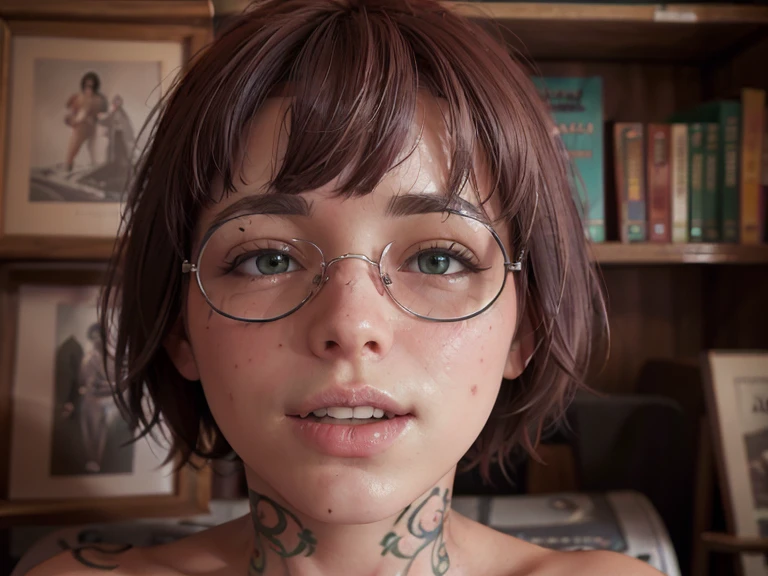 1girls, breasts, female, female focus, female only, freckles, glasses, looking at viewer, solo, solo female, solo focus, tattoo, tattoos, topless, topless female, video game, virtual photography