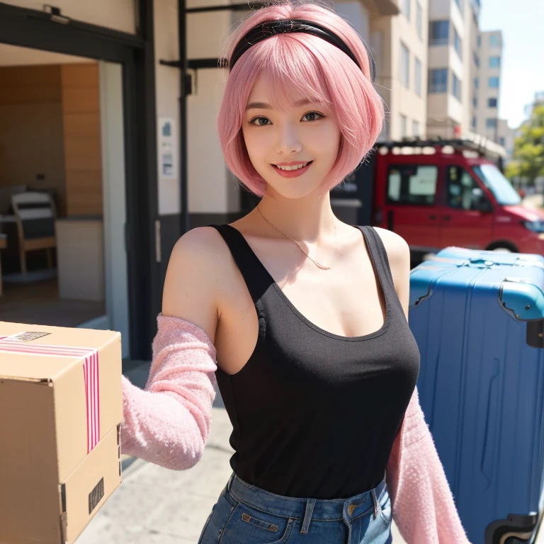 Photorealistic, highest quality, Highest quality, masterpiece, Ultra-high resolution, Raw photo, one girl, woman, Holding a shopping bag, Cute Costumes, In the city, Daytime, Cute face, smile, pale pink hair, short hair, casual outfit, Super Beauty, Realistic skin, Moisturized Skin, Realistic eyes and faces, Perfect model body shape, Beautiful Eyes, Big eyes,