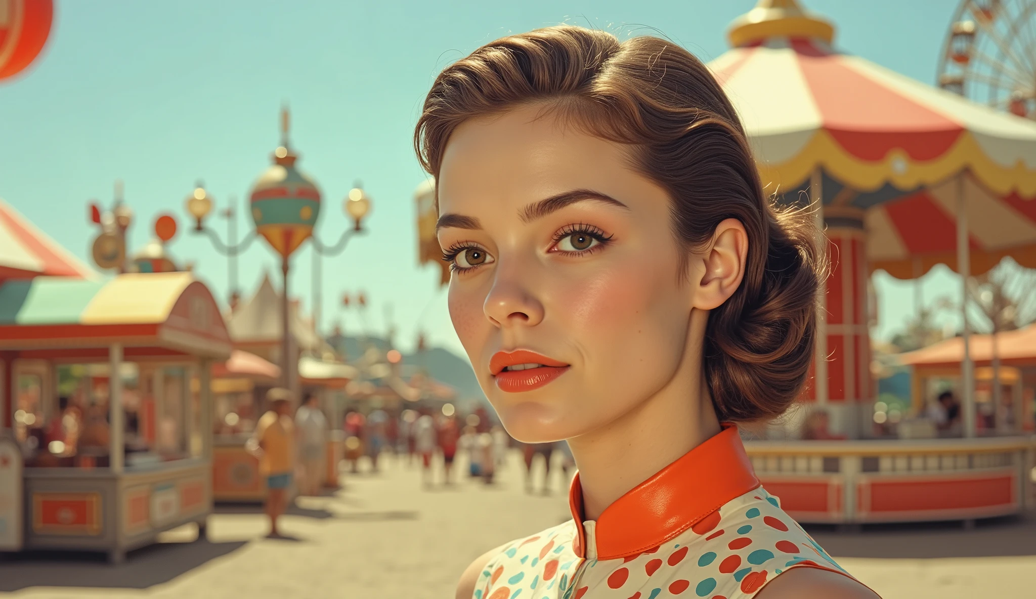 A young woman, light-skinned, is depicted in a mid-profile view, positioned slightly to the right of center within the image frame. She is of a slender build and has shoulder-length, styled brown hair. Her expression is serene and attentive, gazing slightly away from the viewer. Her makeup is soft and pastel, with rosy blush and coral-colored lipstick. She wears a sleeveless, patterned top with a bold, vibrant design, featuring various circles and dots in different colors. The top has a reddish-orange, slightly leather-like, high-necked collar. The background displays a vibrant amusement park scene, featuring colorful striped tents, large, bright balloons, and a Ferris wheel. The lighting is warm and diffused, suggesting a sunny day. The colors are saturated and nostalgic, evoking a vintage aesthetic. The perspective is slightly elevated, giving the scene a charming, slightly distant quality. The overall style is a colorful, photorealistic, but stylized rendition of a retro fairground scene.