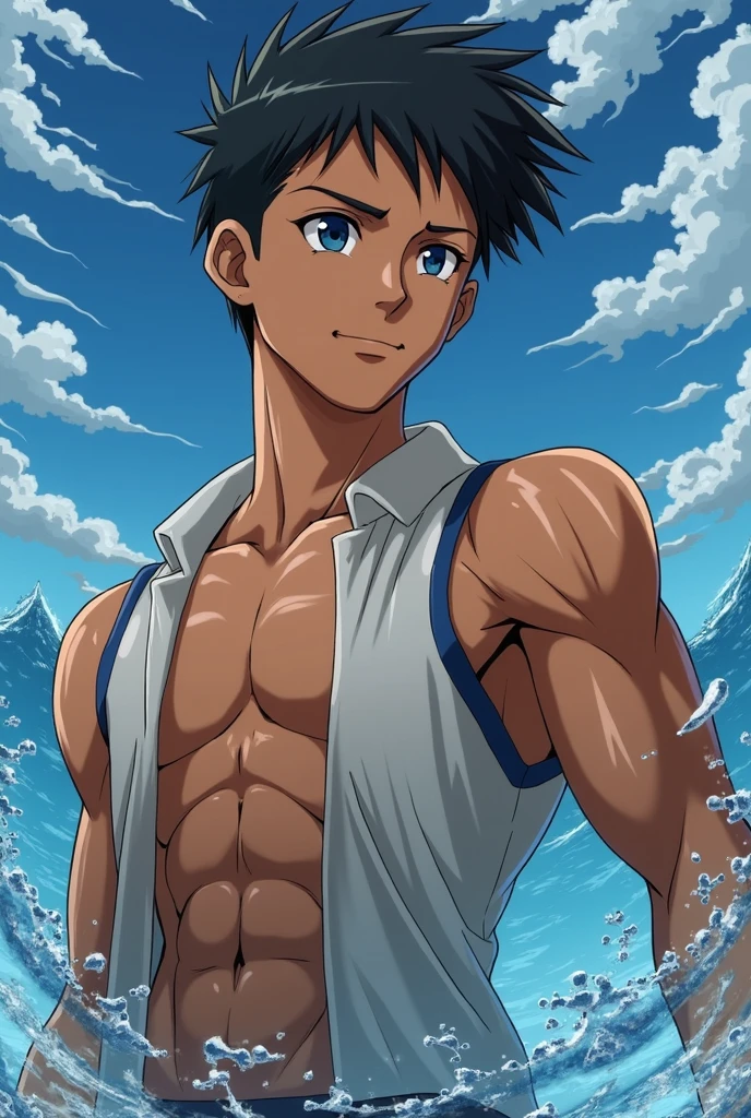 1boy, 1solo, ash ketchum, black hair, brown eyes, hair between eyes, ash ketchum, on beach, open shirt, short sleeves, shirtless, male swimwear, wet hair, wet skin, sweat skin, handsome boy, macho, good looking boy, sexy poses