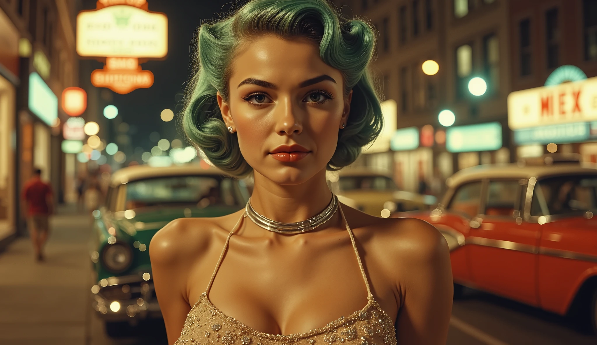 A young, light-skinned woman, positioned slightly to the left of center, stands on a city street at night. She has vibrant teal-green, styled, bobbed hair and is wearing a beige, sequined, halter-style top, and a silver choker necklace. Her expression is composed and direct, meeting the viewer's gaze. Her body is slender and poised. She is looking directly at the camera. The setting is a city street at night, with vintage cars, blurred in the background, in warm golds, greens, and reds. Neon signs and bright lights from buildings and cars illuminate the scene. The lighting is soft and warm, with a focus on the woman, creating a vintage-style atmosphere. The perspective is slightly lower than the woman, creating a sense of intimacy. The overall composition is balanced, with the woman prominently featured and the environment subtly conveying her surroundings. A red vintage car is partially visible in the background, adding to the retro theme. The style is reminiscent of 1950s/1960s film noir or photographic genres.