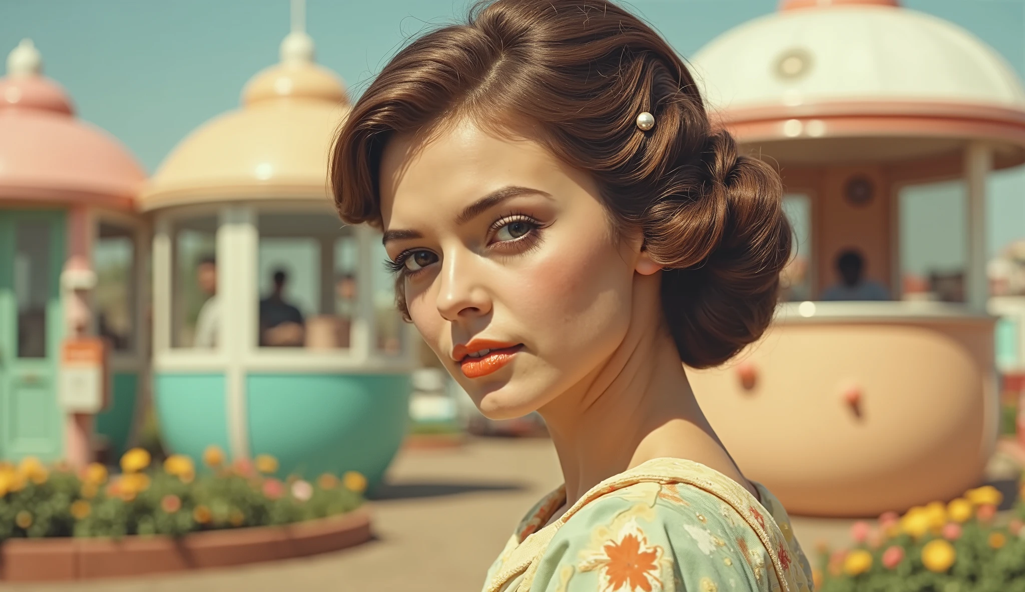 A young woman, light-skinned and likely Caucasian, is the central figure. She is of a slender build and appears to be in her late s or early twenties. She is positioned slightly off-center to the left of the image. Her gaze is directed directly at the viewer. She is facing forward. The woman has shoulder-length brown hair styled in a sophisticated updo, adorned with small, pearl-like embellishments. Her attire consists of a loose, patterned top, featuring a mix of light greens, yellows, and oranges. Her makeup is noticeable, with blushed cheeks, defined eyebrows, and a light orange-toned lipstick. Her expression is calm and neutral.
The background is a slightly out-of-focus scene, suggesting a park or amusement area. The background features colorful structures, similar to whimsical, vintage space pods, or decorative elements. The structures are pastel shades of pink, turquoise, and peach. A scattering of flowers, primarily in hues of yellow and pink, are visible in the foreground and middle ground.
The lighting in the image is soft and diffused, casting no harsh shadows. Colors are desaturated and muted, with a vintage aesthetic. The overall style is reminiscent of a 1950s or 1960s film still or vintage photograph. The composition is centered on the woman's face, with the background providing a dreamy, almost dreamlike atmosphere. The image emphasizes her beauty and presence amidst an unusual, fantasy-like environment.