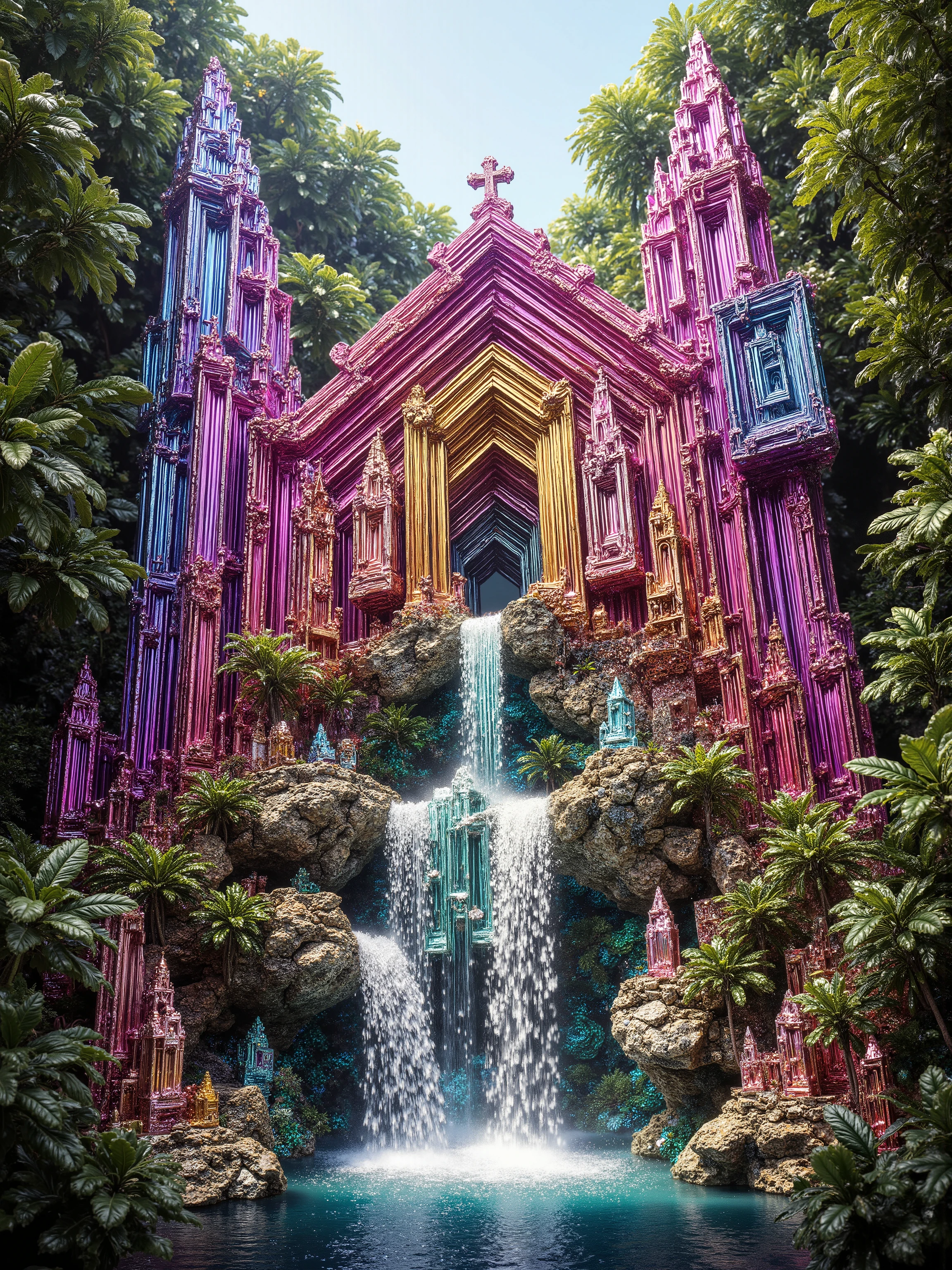 A cliff that is 300 feet tall made up of gigantic quartz crystal points that are multicolored translucent pillars in a tropical rainforest. In the middle of these skyscraper sized quartz crystals is an incredible gushing cascading waterfall that pours into a beautiful lagoon that is lined with smaller quartz crystals 20 to 40 feet tall. In the center up on rock is a church like structure with christian crosses that is made entirely out of quartz crystals. In hues of Pink, Red, Orange, Yellow, Green, Blue, and purple, there are hundreds of quartz crystal formations pointing up and making up the walls of the church, the roof, even the doors. Make sure that they are mostly translucent and radiate color in the bright full sunlight. There are thousands of giant quartz crystals in and on the cliffs, in the inside edges of the lagoon, and around the waterfall, and the church, just like a church built in the center of an incredible enormous geode. An incredibly complex and intricate translucent crystal church structure that incorporates a waterfall into the actual building made out of minerals and translucent crystals, and it is surrounded by crystals too. Church and its structures will be many stories tall. Statues made out of minerals and crystals are in strategic locations. There are other animals and birds everywhere. Giant insects are all over the place, too. Prehistoric life in its natural form. A jungle with life in every direction. Breathtakingly beautiful, stunning, Awe Inspiring, An Awesome Site! If you get it right! 8K Octane, Action Painting, Cinematic, Cinematography, Conceptual Art, Digital Art, Fujicolor, Ultra-realistic,photo-realistic,Photorealistic, Portrait Photography, Surrealism, Unreal Engine, Sparkle on crystals, Cinematic Lighting, Glowing Light, Reflection Light, Ray Tracing, God Rays, Perspective: up close, macro photography, UHD, Super Detailed, Best Quality, Award Winning, Masterpiece.