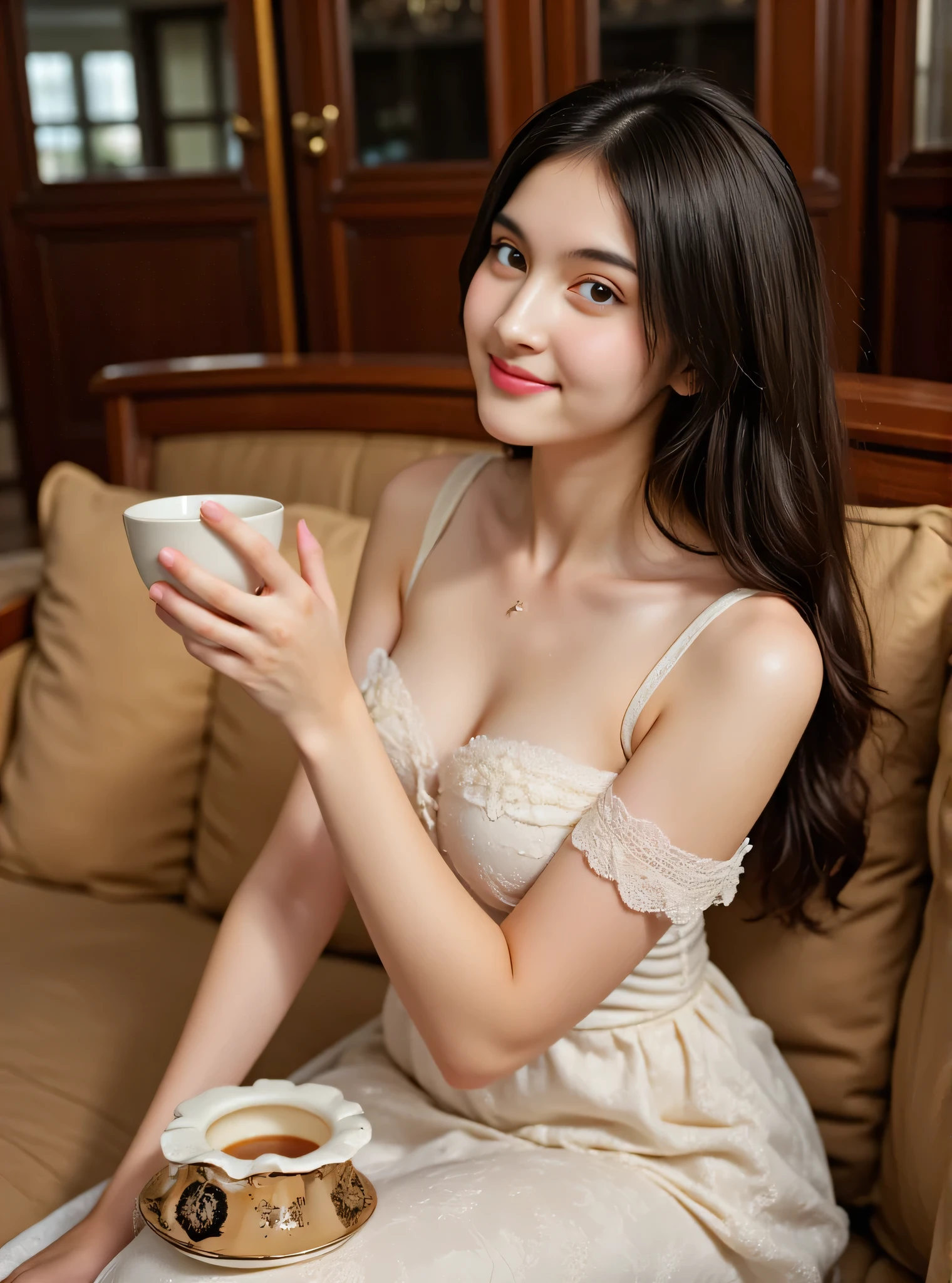 (((best quality))),(((ultra detailed))),(((masterpiece))),illustration,((1 beautiful young girl,solo)),((slim,thin)),((small breasts,flat chest)),(short ponytail:1.2),(laughing:1.2),stunning, radiant complexion, mesmerizing eyes,((strapless sheer bra)),frilly, domesticity, playfulness, colorful patches, vegetables, cooking utensils, whimsical,delicate features, gentle smile, perfectly aligned teeth, contentment, warmth, friendliness, vibrant atmosphere, bustling,barbecue restaurant, wooden panels, hanging plants, cozy, earthy feel, scent of sizzling meats, spices, patrons, tables, meals, laughter, lively ambiance, gleaming wooden counter, checkout counter, assortment of bills, receipts, cash register, calm, collected, typing, precision, simplicity, joy, hard work, hospitality, culinary delights,((from front,close-up of face))