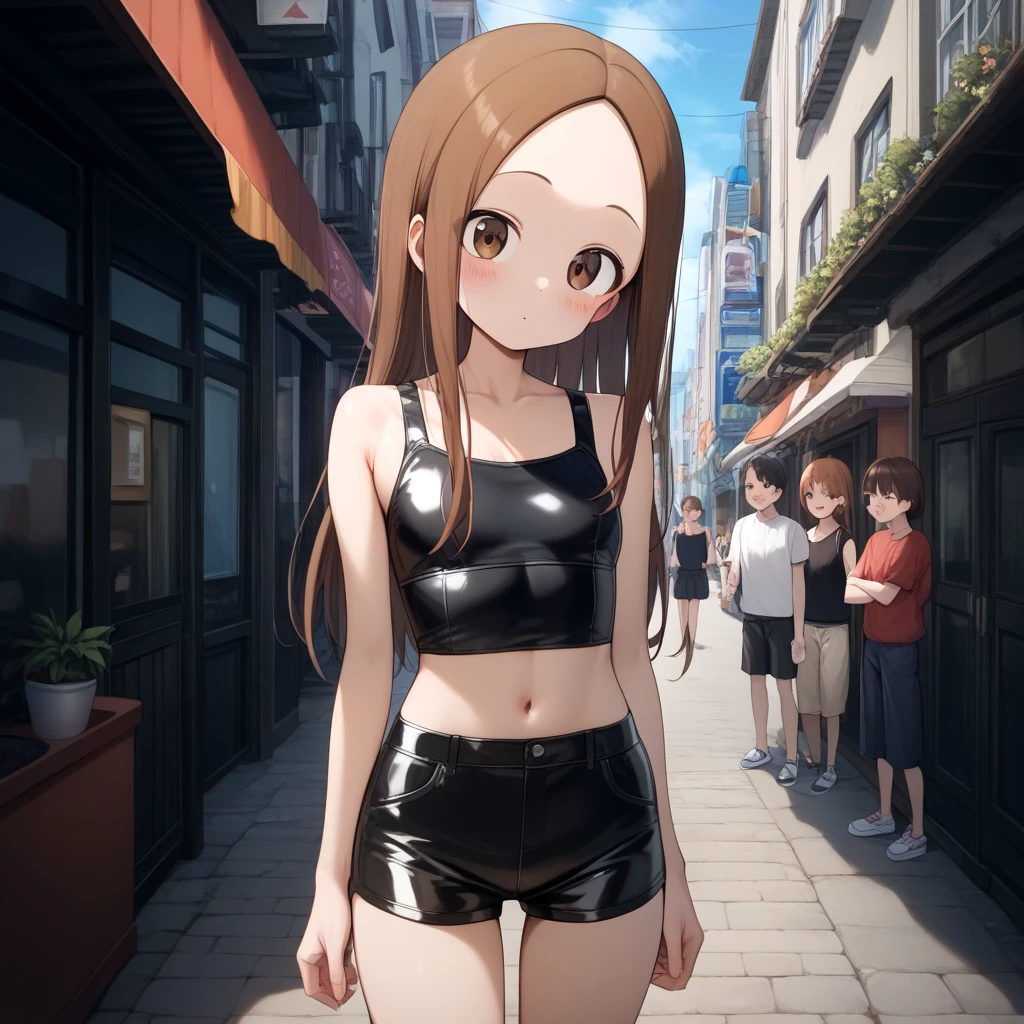 nsfv,Masterpiece, High quality , High resolution, very detailed,takagi \(からかい上手のtakagi \), long hair、brown hair、 separated bangs,forehead、,hooker, black cropped short latex shorts, black short cropped latex top, , nightlife , the client is caressed by Takagi's body 