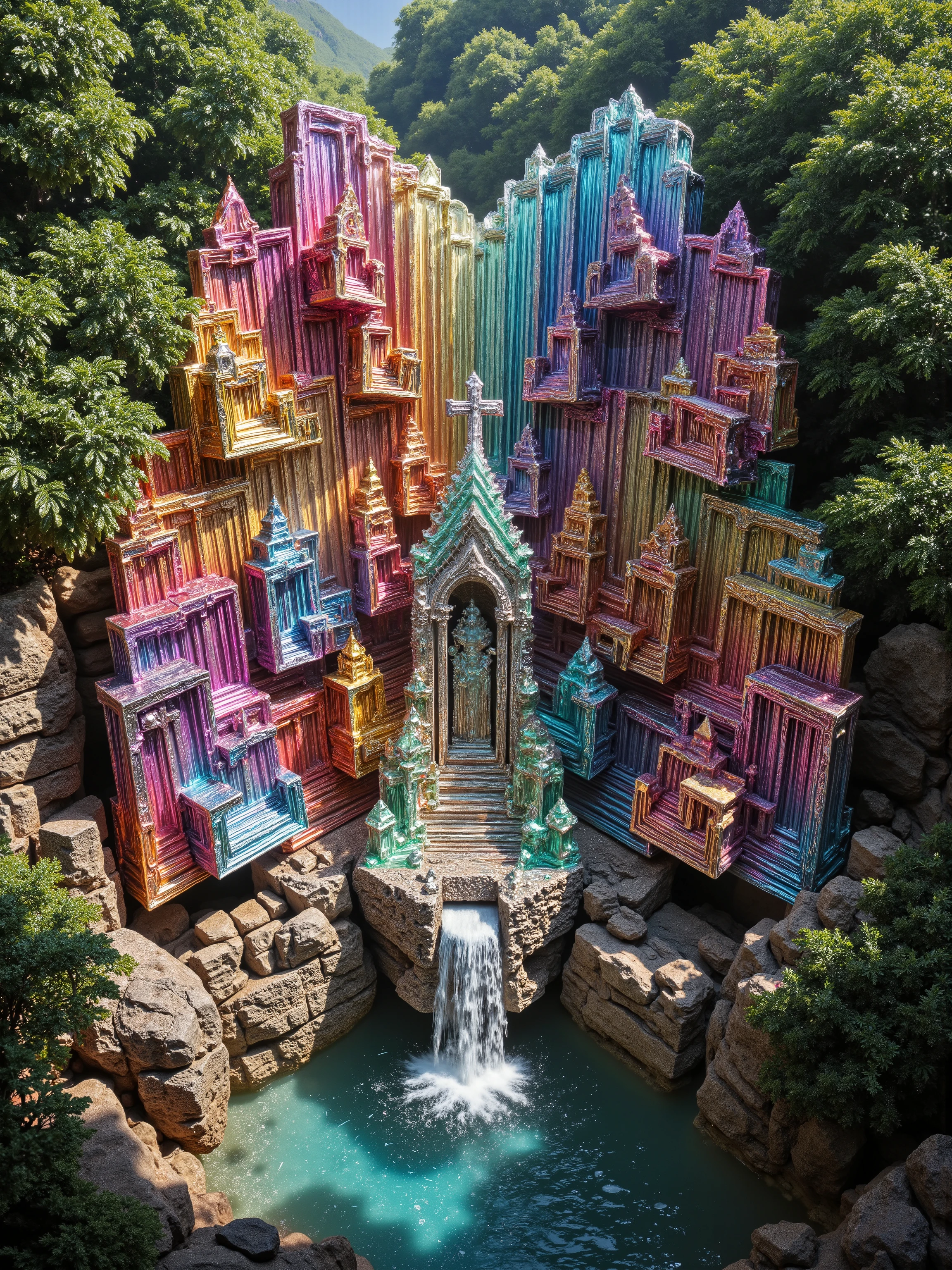 A cliff that is 300 feet tall made up of gigantic quartz crystal points that are multicolored translucent pillars in a tropical rainforest. In the middle of these skyscraper sized quartz crystals is an incredible gushing cascading waterfall that pours into a beautiful lagoon that is lined with smaller quartz crystals 20 to 40 feet tall. In the center up on rock is a church like structure with christian crosses that is made entirely out of quartz crystals. In hues of Pink, Red, Orange, Yellow, Green, Blue, and purple, there are hundreds of quartz crystal formations pointing up and making up the walls of the church, the roof, even the doors. Make sure that they are mostly translucent and radiate color in the bright full sunlight. There are thousands of giant quartz crystals in and on the cliffs, in the inside edges of the lagoon, and around the waterfall, and the church, just like a church built in the center of an incredible enormous geode. An incredibly complex and intricate translucent crystal church structure that incorporates a waterfall into the actual building made out of minerals and translucent crystals, and it is surrounded by crystals too. Church and its structures will be many stories tall. Statues made out of minerals and crystals are in strategic locations. There are other animals and birds everywhere. Giant insects are all over the place, too. Prehistoric life in its natural form. A jungle with life in every direction. Breathtakingly beautiful, stunning, Awe Inspiring, An Awesome Site! If you get it right! 8K Octane, Action Painting, Cinematic, Cinematography, Conceptual Art, Digital Art, Fujicolor, Ultra-realistic Photorealistic, Portrait Photography, Surrealism, Unreal Engine, Sparkle on crystals, Cinematic Lighting, Glowing Light, Reflection Light, Ray Tracing, God Rays, Perspective: up close, macro photography, UHD, Super Detailed, Best Quality, Award Winning, Masterpiece.