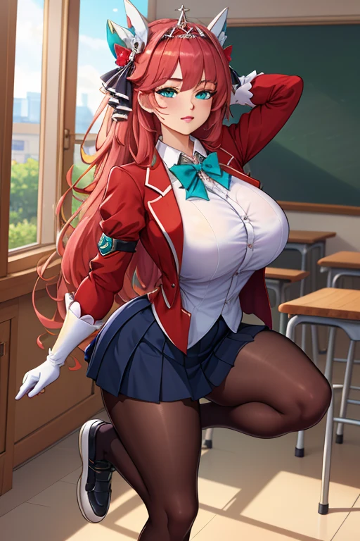 (BEST lighting) , (ultra intricately detailed) , 4K unification, (super-detailed CG: 1.2) , (8K: 1.2),(Original), (Masterpiece) , (Best quality),(Masterpiece:1.4),Anime-ish high quality,(Masterpiece),Masterpiece, Super clear picture quality,Clearer than movies,(Fine face)Best quality, absurderes,((masterpeace, 4K, 8K, Yes, A high resolution))1girll, schoolgirls,ssmile,She was in the classroom,Black school uniform,white bowties,Bow knot,Ten strong abs,Perfect body proportions,standing on your feet,Exposing the abdomen, White costume,There are bulges of dense veins on the arms,Spring, Sports boots, Perfect figure, Long anxious pink hair, Dynamic pose,Legs exposed,Strong leg muscles ((body builder:1.5)),Classroom(Beautiful bace),(Girl),(Female),(((Upper body:1)))