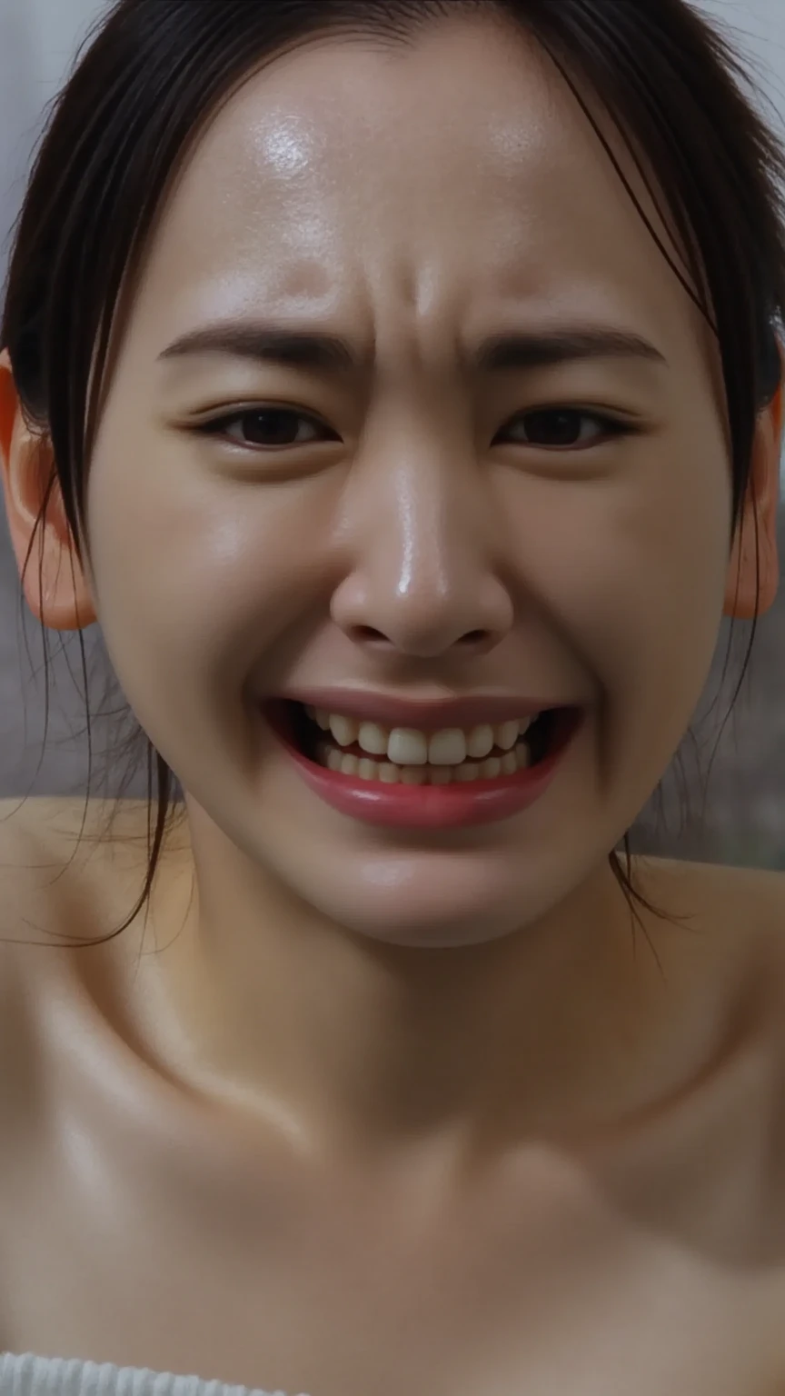 highest quality, masterpiece, ultra high resolution, (realistic: 1.4), Raw photo, 1 girl, black hair, sweaty skin, wet underwear, soft lighting, full body, micro bikini, Huge, (anger), (sorrow), (fear)、Mouth Retractor Gag、Upper body、beautiful row of teeth