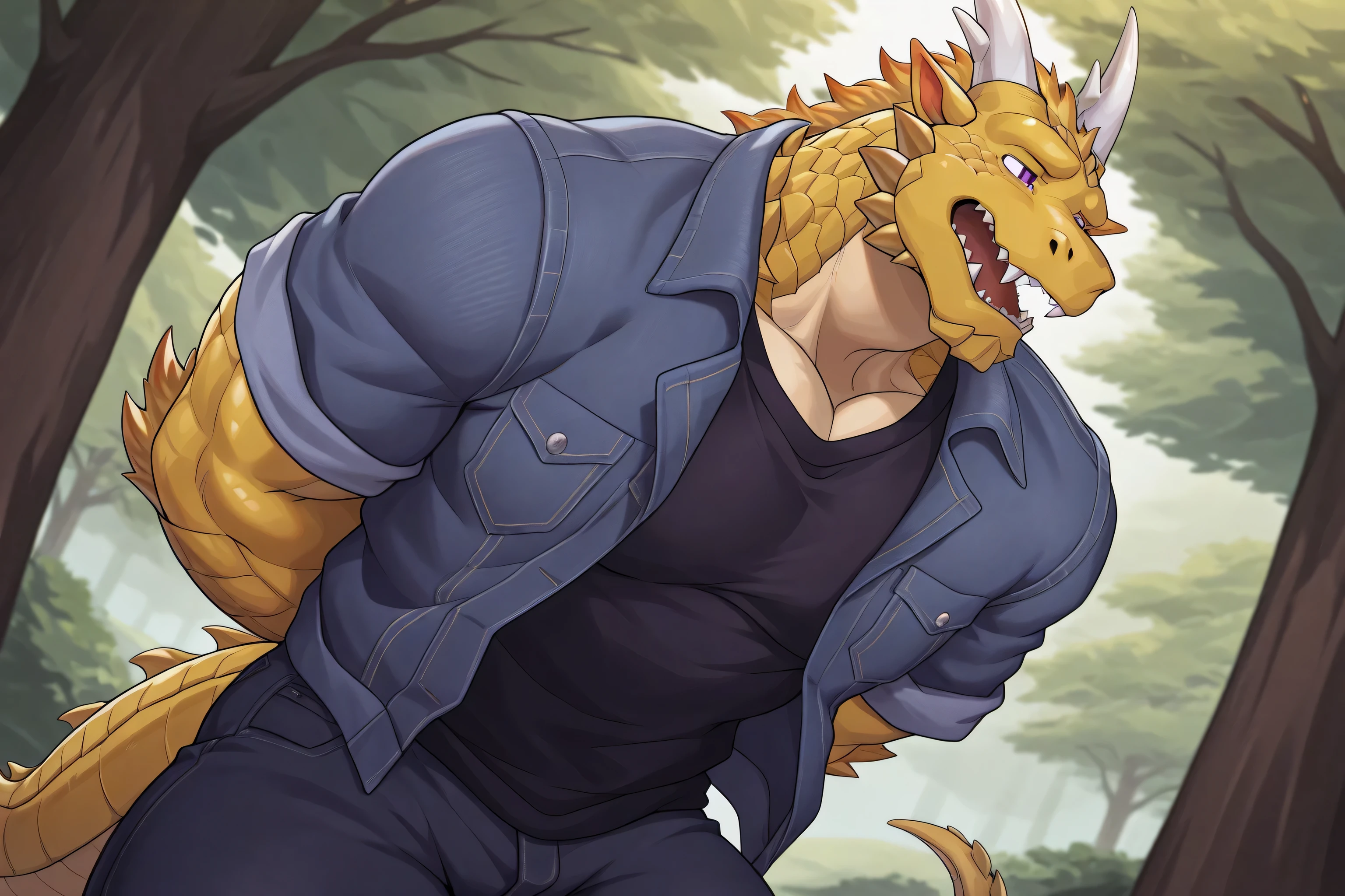 solo, 1boy, (golden scales), dragon, dragon face, (mature age:1.5), white horns, purple eyes, look away, Put hands behind back, Denim jacket, Plain T-shirt, Dark jeans, cowboy shot, worried, wronged, open mouth, under big tree, score_9, score_8_up, score_7_up, Side angle