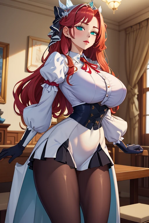 Woman dressed as an angel, white corset with v-neck and pantyhose, apertado e marcado, quase revelador, grande e volumoso, Gal, red hair