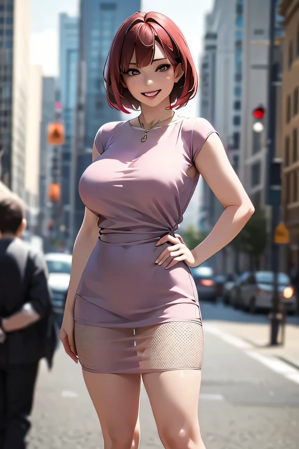16K, HDR, UHD, best quality, masterpiece, anime style, beautiful young woman, (((16year old,perfect body,Bishojo))),(highly detailed background:1.1),detailed cloth texture, detailed hair texture,nice hands, perfect hands,extremely detailed eyes,(((green eyes))),(((realistic hair))),(((short hair:1.1))),(((two buns))),((shiny hair)),(((blonde hair with orange tips))),(blunt bangs),white skin,(standing:1.2),(((arms behind back:1.3))),BREAK (((Wear black_shirt on top of naked:1.2))),(((white pencil skirt:1.2))),(((high heels:1.2))),(((black pantyhose:1.2))),BREAK (((In the heart of New York City, the clock strikes 12:38 PM, and within the prestigious confines of Twitter's headquarters at 500 E 77th St, a radiant young woman, a true New Yorker, graces the bustling scene. Her hair, meticulously styled in micro braids, frames her face with a touch of elegance. As the morning sun bathes the room in a warm glow, her infectious happiness radiates. A genuine smile adorns her face, and her eyes sparkle with joy. The open window allows the city's gentle morning breeze to embrace her, leaving glistening droplets on her skin. In this fleeting moment, she embodies the harmonious convergence of technology and the vibrant spirit of the city, a captivating illustration of a contented New York morning.))),(((gleaming skin))),(((large breasts,huge breasts,big breasts:1.1))), full body photo,(((1/3 body))), hyperdetailed face, complex, perfect, model, textured, chiaroscuro, professional make-up, realistic, rough, dominating, figure in frame, by WLOP, cinematic lighting, award winning, RTX, ray tracing, hyper realistic