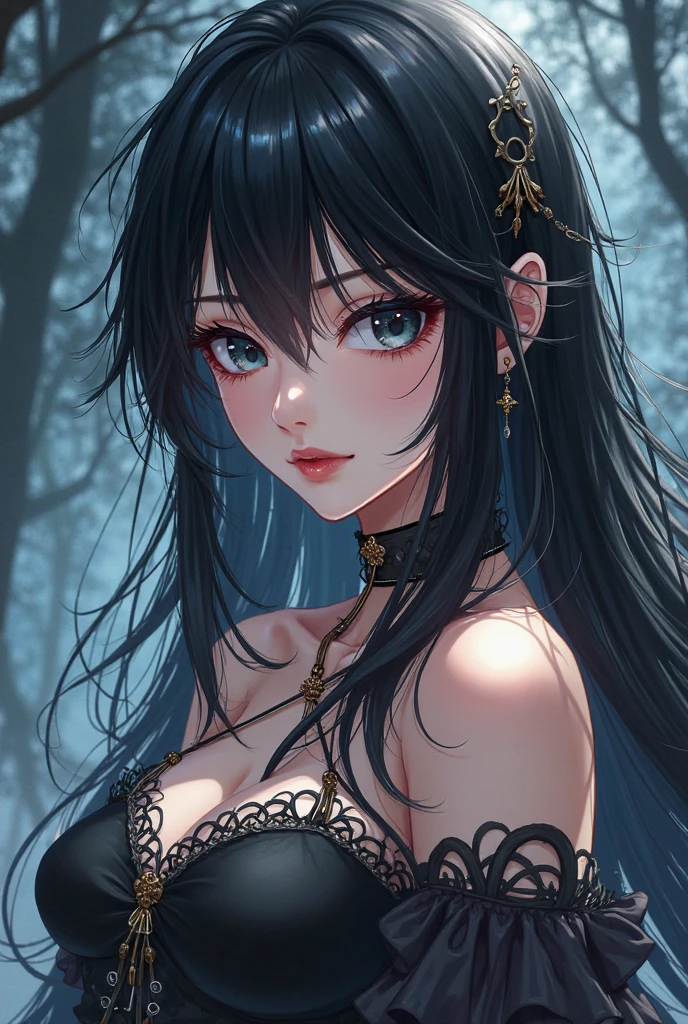 beautiful woman, 30s, gothic, 2d background with light effects
