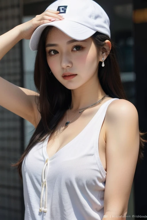 (Masterpiece:1.3), (8ก, Virtual image, raw photography, Highest picture quality: 1.4), 1 very beautiful girl, Smile with beautiful white teeth, Tie me up., Hair clips, The crown is in front of the head.., Breast cleavage:1.2、Highly detailed face、eye for details、Double eyelids、Gather your breasts together.....、Sharp focus:1.2、beautiful woman:1.4、light brown hair、Highest quality、Masterpiece、Ultra high resolution、(Virtual image:1.4)、Highly detailed and professional light smile, white t-shirt, shorts, golf hat, white sneakers, The legs are slender and white.., carrying a shoulder bag,Serious position,golf course,blurred background.