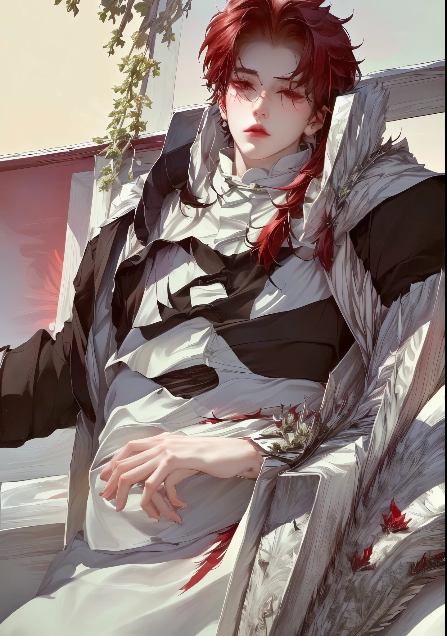 anime boy in a black and white outfit with a red hair, inspired by Bian Shoumin, cai xukun, ( ( god king of ai art ) ), guweiz, white haired deity, inspired by Huang Gongwang, inspired by Xiao Yuncong, heise jinyao, inspired by Song Maojin, by Shitao, inspired by Huang Shen