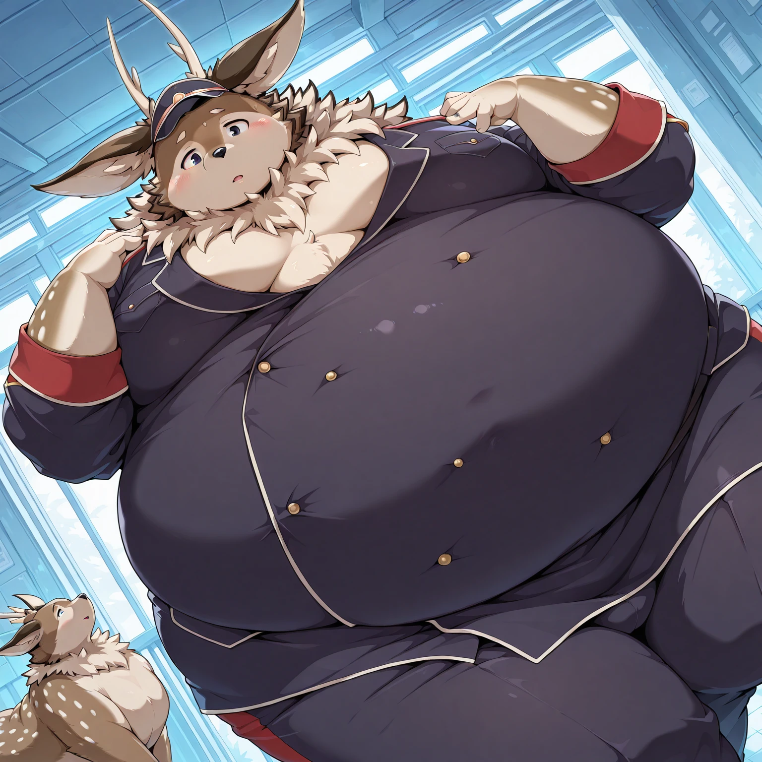 closed eyes:1.3, cute, (extremely detailed CG unity 8k wallpaper,masterpiece, best quality, ultra-detailed), (best illumination, best shadow), dynamic angle, floating, finely detail, Depth of field (bloom), (shine), glinting stars (illustration), (painting), (sketch), deer boy, chubby, Kazusa_Tamacolle:1.1, chubby, blue underwear, small underwear, detailed lump, covered nipples, sexy pose