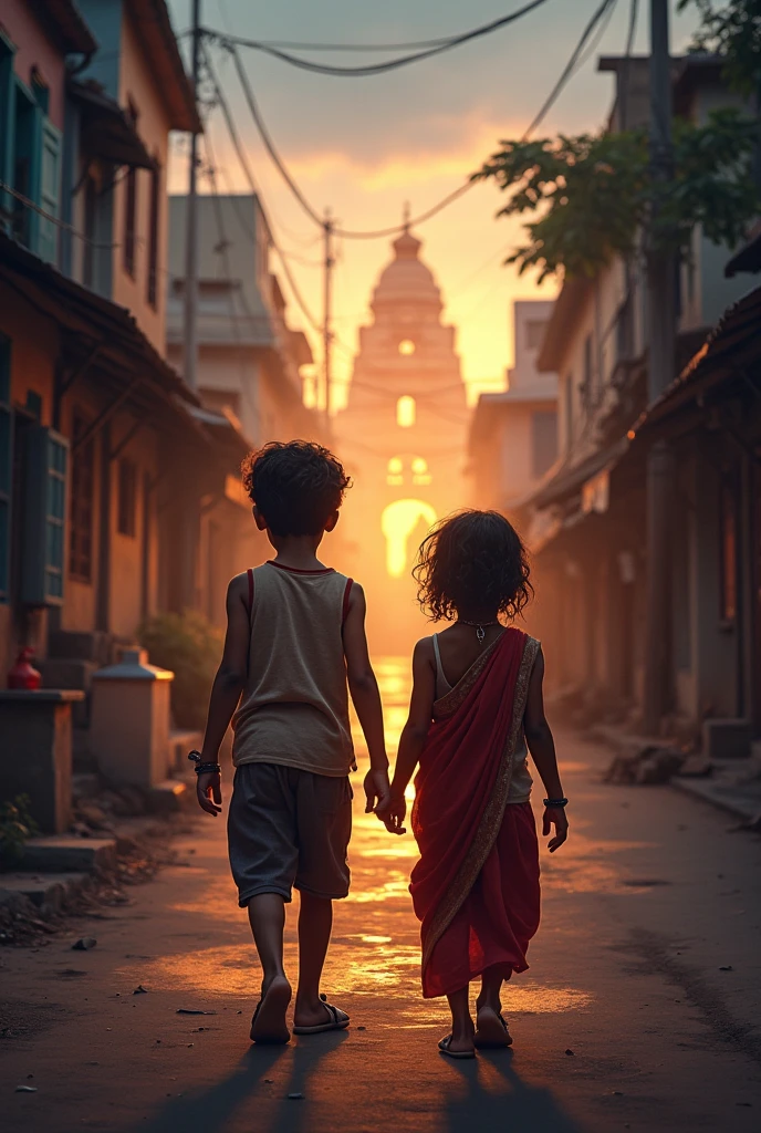 Make a picture of a slum area where there are some houses and a girl and a boy sitting and talking in a tailor shop
