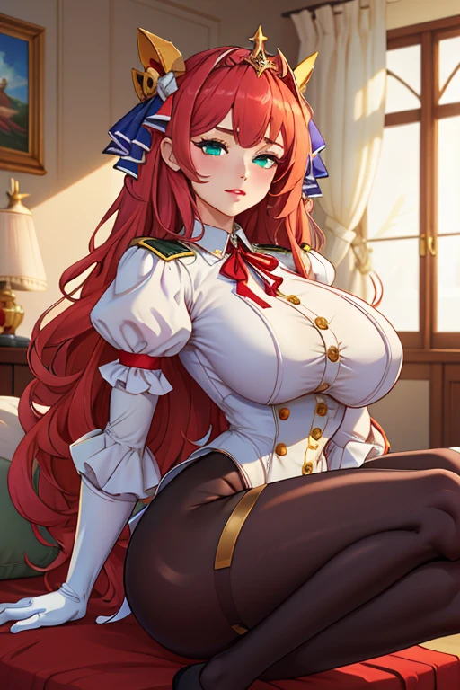 The solution to the absurd,High resolution,Masterpiece 1.4,super beautiful,Second World War,wearing German military uniform,red eyes,red long hair,ponytail,big breasts,The solution to the absurd,High resolution,Masterpiece 1.4,super beautiful,model body shape,moving closer to the camera,red eyes,red long hair,ponytail,big breasts,seducing,blush,sitting on the bed,gasp,orgasm,sweaty skin,have sex