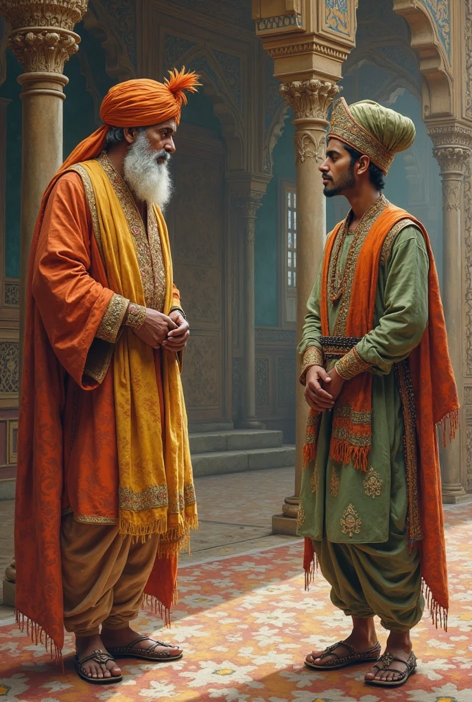 A old rajput man and a yung rajput man standing in their house 