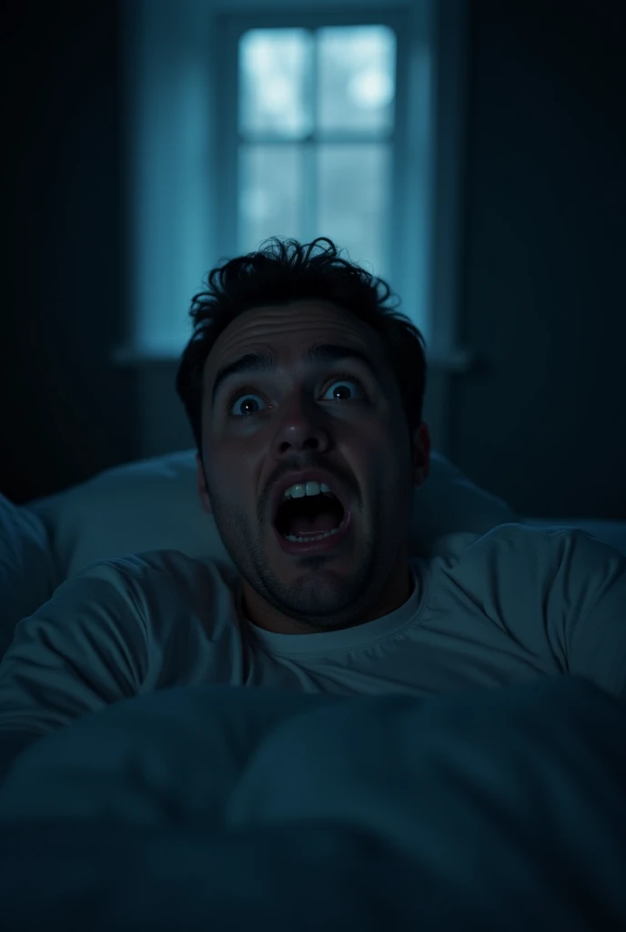 The image of a person who woke up in the middle of the night because of a noise.