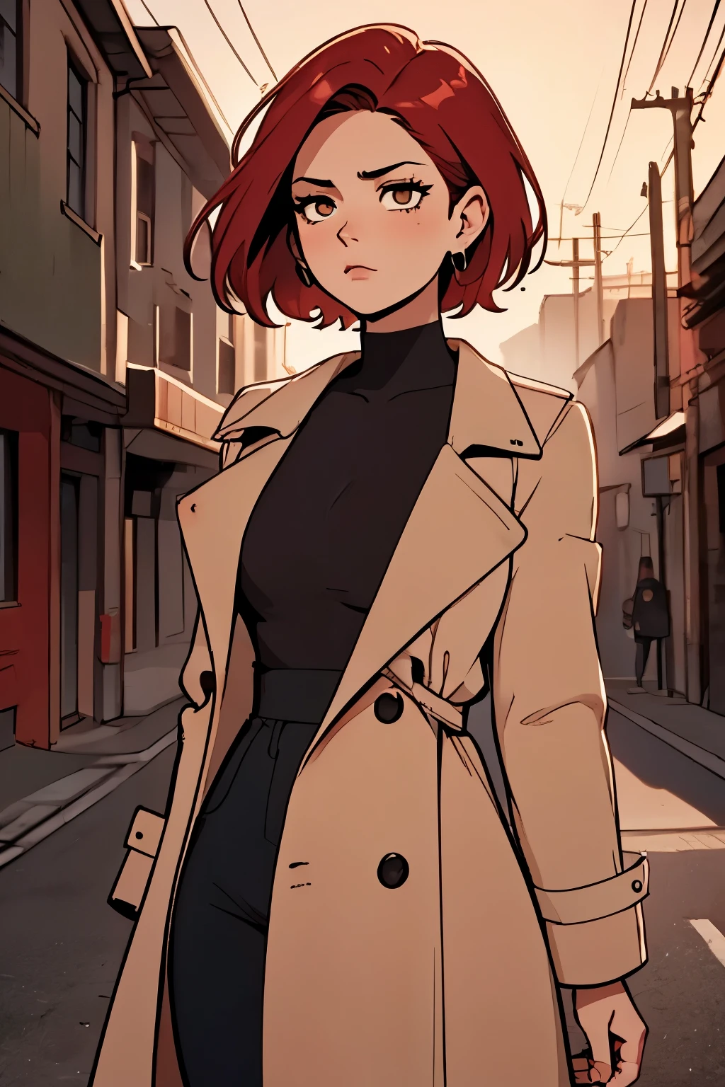 A young woman, 25 years old, with an athletic build and striking heterochromatic eyes, her right eye is green, and her left eye is blue. She has short red hair and a serious, determined expression. She wears a beige trench coat over a black high-neck fitted shirt, tucked neatly into her high-waisted black pants. She also wears dark brown boots, sturdy and stylish. The scene is set in a moody, atmospheric environment, such as a misty forest or a dimly lit city street, enhancing the mystery. The art style is detailed anime with semi-realistic shading, dramatic lighting, and a cinematic feel, emphasizing textures, expressions, and subtle color contrasts.