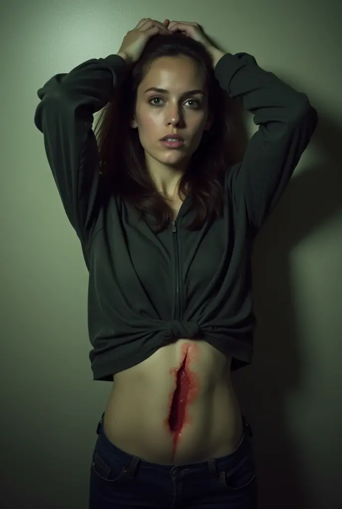 ((sexy 20s blonde ukrainian girl)), black and dark blue tight skinny jeans, belt, nike white air force one sneakers, topless, (((full view))), full body view, lying on the morgue, dirty and wet skin, blood all over the body, scratches, bruise, sleeping, lifeless, eyes closed, mouth open, necklace, showing tits, nipples, wristwatch, bracelet, dead girl, showing armpit and belly button, street view, tortured, facing backwards pose