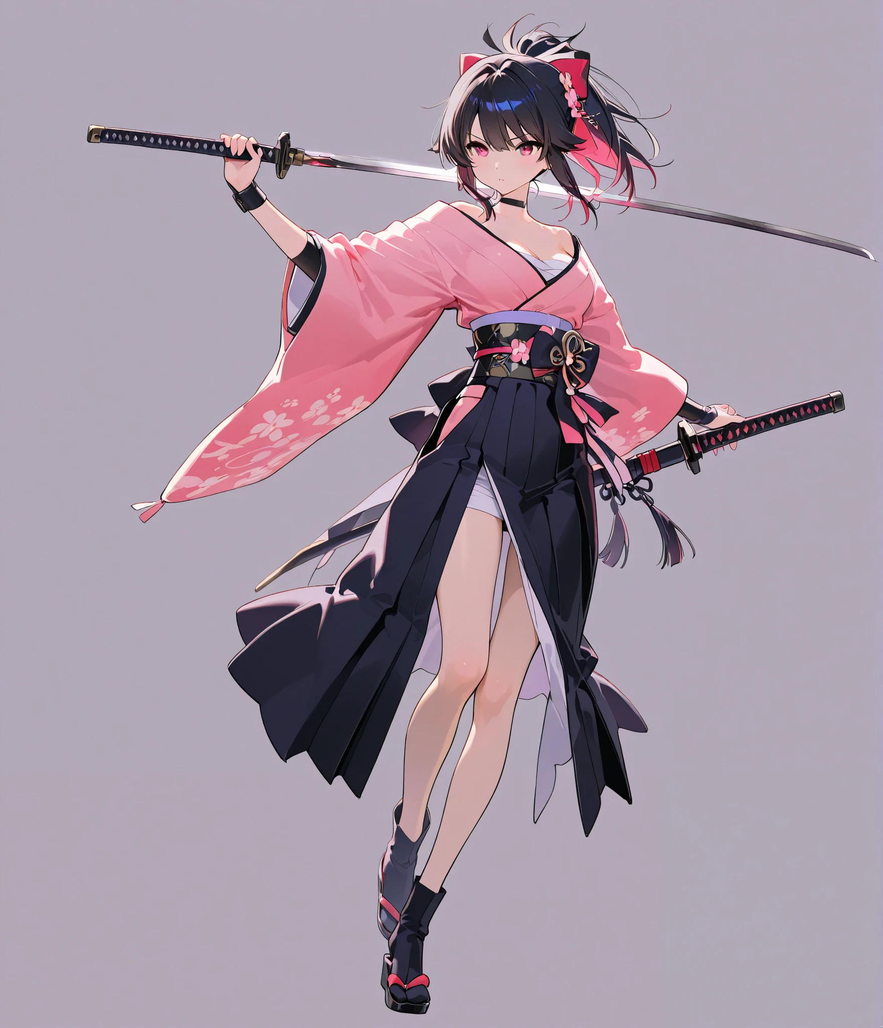 high image quality、Superb Details、hair color random、full body、simple background、Japanese clothing、Long sword