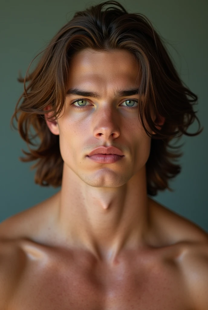 White male model with very pale skin, muscular and athletic, medium-length light brown hair, dark green eyes, with great charisma
