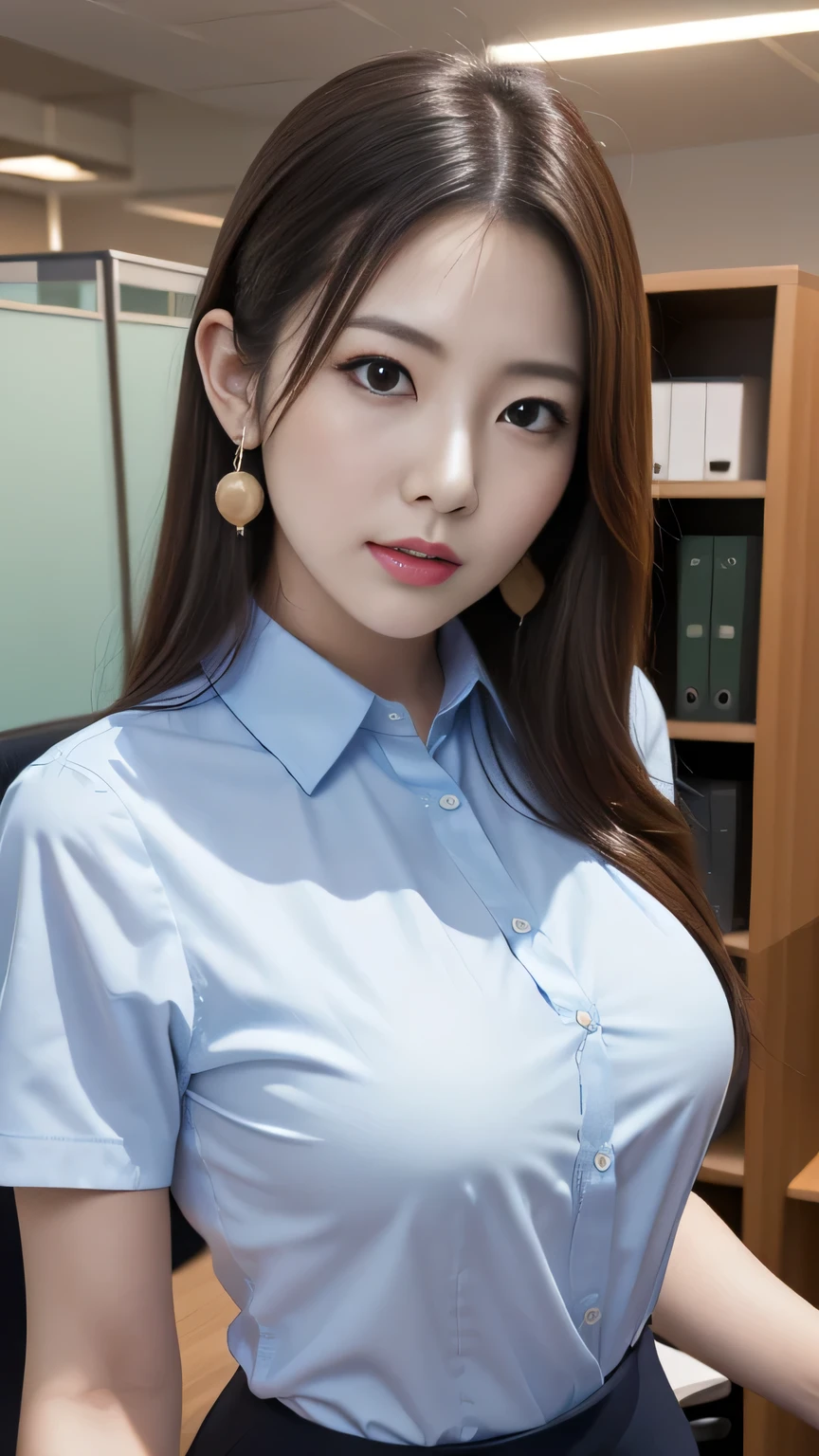 ((sexy))、((Sit on a chair))、((Place your hands behind your head))、(Elegant light blue button-up shirt:1.3)、(Tight Skirt:1.3)、8K、High resolution、masterpiece、Realistic、In detail、Fine texture、((alone))、((officeレディー))、Natural body shape、White skin、Natural Makeup、Long black hair、(Huge breasts:1.2)、((company、office))、Looking into the camera、((Upper body close-up))、