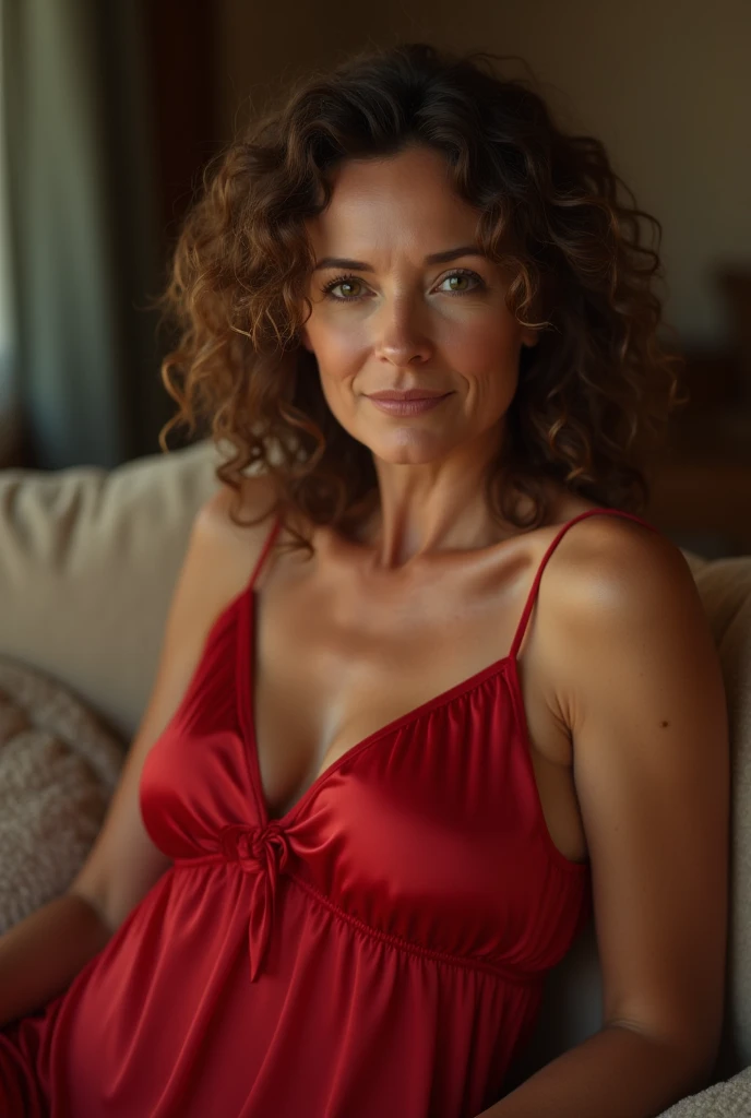 45 years old,(A MILF:1.2), a captivating gaze, green eyes, (Ageless face:1.4), Carla Gugino lookalike, Detailed wrinkles (8K, High resolution, ultra-quality, An ultra-high picture quality, Ultrarealistic, Best Quality:1.2) (large D-cup breast:1.1), eyes visible through hair, with brunette hair, Proper eye position, Cinematic Light, Soft light, lying on her bedroom, night time, detailed color graded background, Convoluted, highly detailed, 8K, Overall silhouette, posing suggestively in her home, wearing classy pink clothes (large cleavage and big ass: 1.3), Looking straight at the camera, photo taken from a distance (full body, editorial sophisticated photograph of a white stunning woman), (highly detailed face:1.4) (smile:1.2) (bright background, splendid setting:1.3) POV, by lee jeffries, nikon d850, film stock photograph ,4 kodak portra 400 ,camera f1.6 lens ,rich colors ,hyper realistic ,lifelike texture, dramatic lighting , cinestill 800,