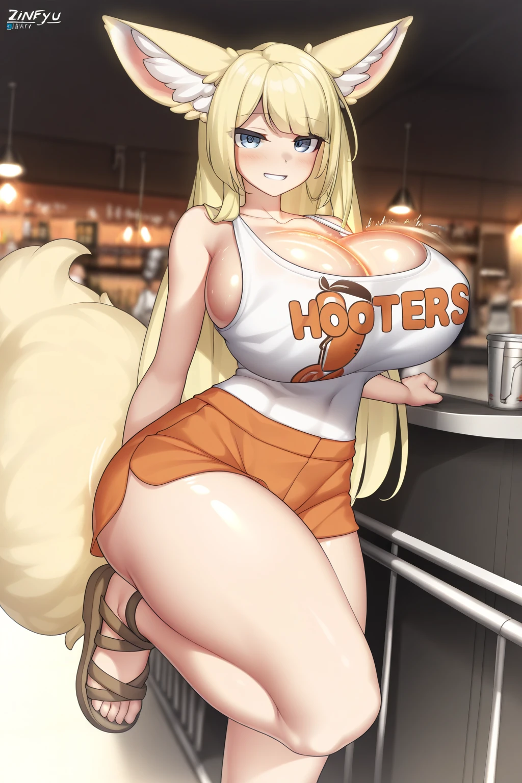 best quality, best resolution, (fluffy anthro furry), arctic fox girl, silver hair, blue eyes, (white fur), long straight hair, big breast, sophisticated manner, (Hooters Uniform. White t-shirt with Orange Text across it, and tiny tight orange lycra shorts.), restaurant, embarrassed
