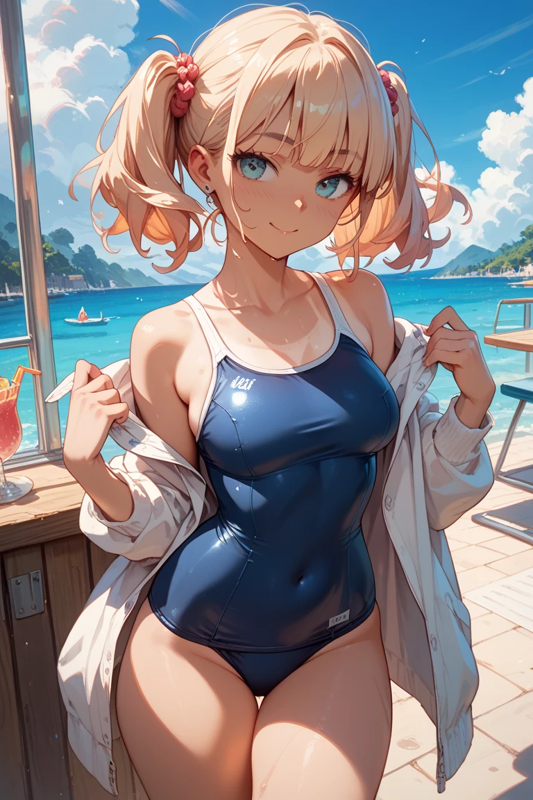 1 girl, pastel colours, brown-hair, hair up to the shoulders, elf ears, tight split swimsuit, Beach, Huge-breasts, small girl, confusion, Large thighs