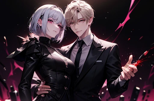 cool成人男性二人。派手なSilver Hair、watercolor、The guy on the right has red eyes、The guy on the left has purple eyes、Silver Hair、There are meshes of various colors in the hair.、holding a wine glass、Wearing a host&#39;s suit。cool。delicate。short hair、The nape is long。The color of the nape is red、More clearly。Her hair is short、Same height。Only two people