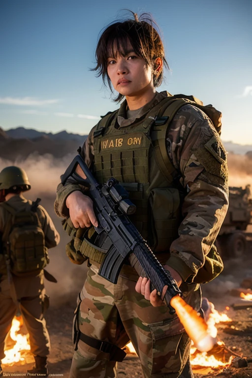 (8K, Raw-Photo, best qualtiy, tmasterpiece:1.2),(realisticlying, photograph realistic:1.4),(Highly detailed CG unity 8k wallpaper),(Round face: 1.5), (detailed pupil:1.3),(Cool Eyes:1.1),(little smile:1.1),(Unforgettable Eyes:1.1),(The eyes are so beautiful:1.1)24yo, Korean Woman, tanned, bronze skin, Clothed U.S. Marine Corps Uniform, Fighting on the battlefield, strong muscles, world war, Modern War Theme,
Army Girl, ault rifle, (holding rifle: 1.3), (Aim and hold the rifle.: 1.3), military girl, InfGirl, Shootout, air raid, air raid, Military, camouflage
uniform, Burning Vehicles, Warzone, battlefield, karo, ruins, explosions, The Burning City, smoke, Torn tank tower, navels, glove, Ripped military pants,
A face stained with mud and blood, skin wet with sweat, bloody skin, Skin stained with mud, tiny, cleavage,ions of Determination, Strict wording, The best
vagina, The ultraes, absurdities, realisitic, physics based rendering(physics based rendering(Physically Based Rendering)), Cinematic lighting, Complex and cinematic appearance,
Cinematic Soft Light, soothing tones, Battlefield Background, city war background, Photorealistic, cowboy shots, Dynamic Angle