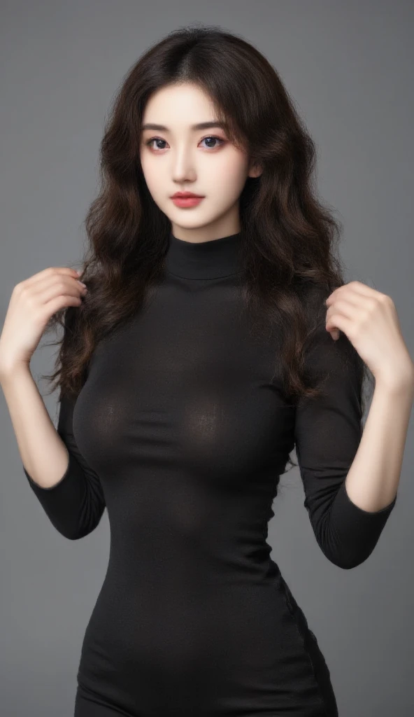 1girl, black turtleneck sweater ,simple background, nipples outline, red background, masterpiece, UHD, photorealism, perfect face, perfect body, glistening skin, <lora:more_details:1.1>, <lora:FilmVelvia3:1>, <lora:tt_flat:.8>,