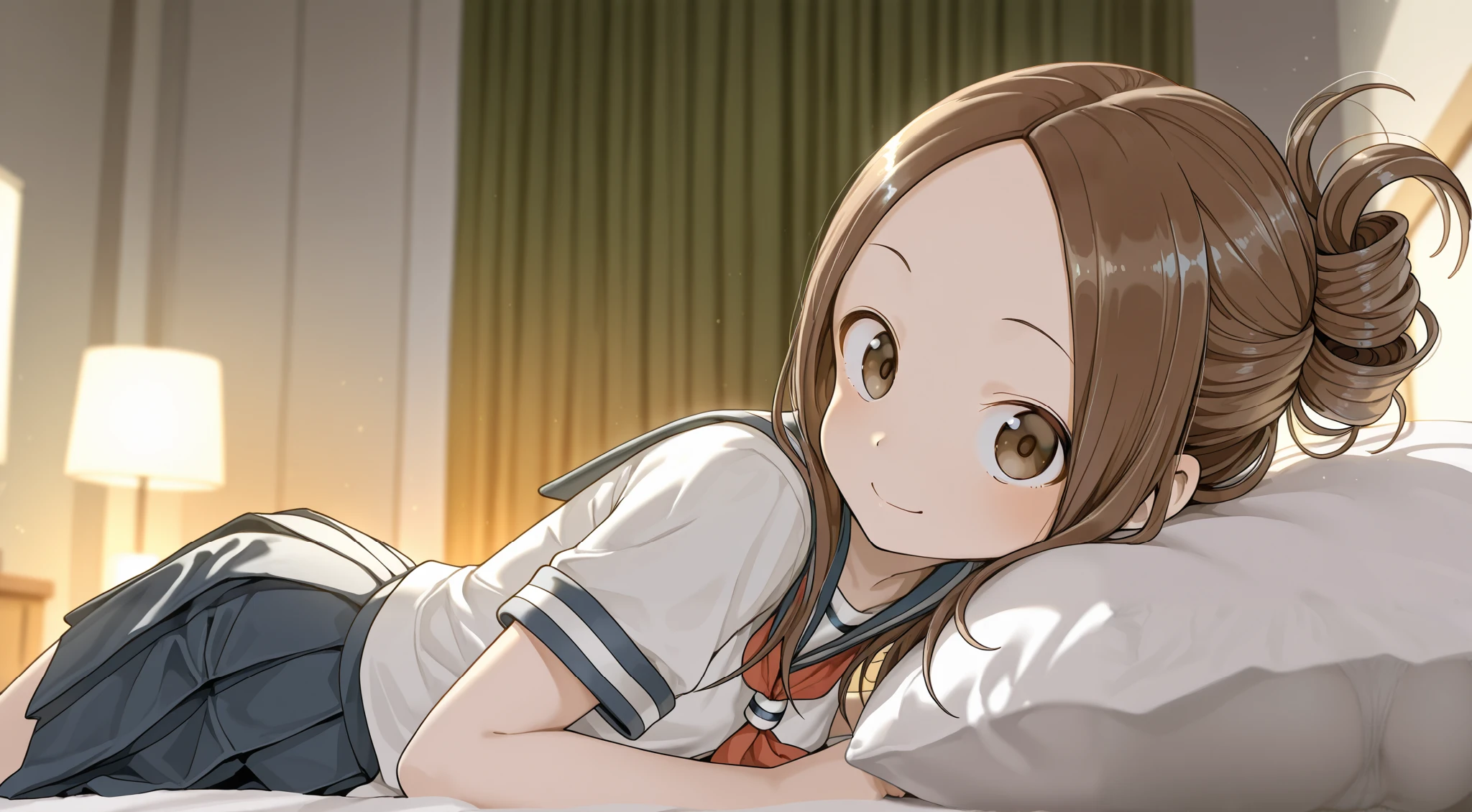(masterpiece, best quality:1.2),illustration,8k,hd,1girl,solo,upper body,(portrait:1.2),brown_hair,folded_ponytail,brown_eyes,serafuku,long_hair,school_uniform,skirt,pleated_skirt,