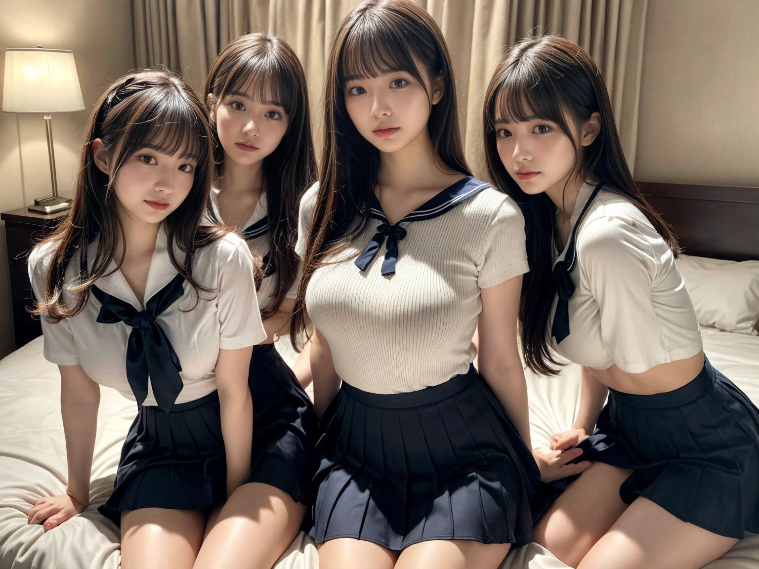 ((masterpiece, highest quality)), (Super detailed), ((super cute)), (Multi-point), ((very detailed)), 4k, highest quality, (beautiful), hyper cute face, Perfect Face, hyper genuineistic, Close-up, clear outline, (three girls, 3 cute girls:1.5), (school girl uniform :1.3), ((beautiful eyes)), (leaning forward:1.3), (upskirt:1.5), natural skin texture, big breasts, romantic ambiance, Highly detailed CG, camel toe visible, look shyly at the viewer, 