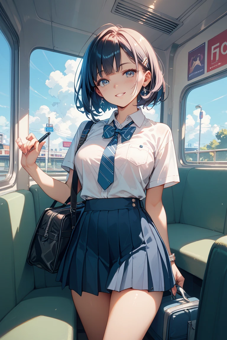 (8k、Best image quality、highest quality、masterpiece)、Detailed face、((One ))、Black Hair、Bobcut、Blunt bangs、shiny bright blue eyes、Wicked Smile、((Grin))、((Big Breasts、Big cleavage))、White shirt and pleated skirt、((High school girlini skirt))、Black Pantyhose、Cowboy Shot、salute、Station platform waiting for the train 、station Background、(Detailed people、Shiny skin、Oily skin)、Written background、Background blur、